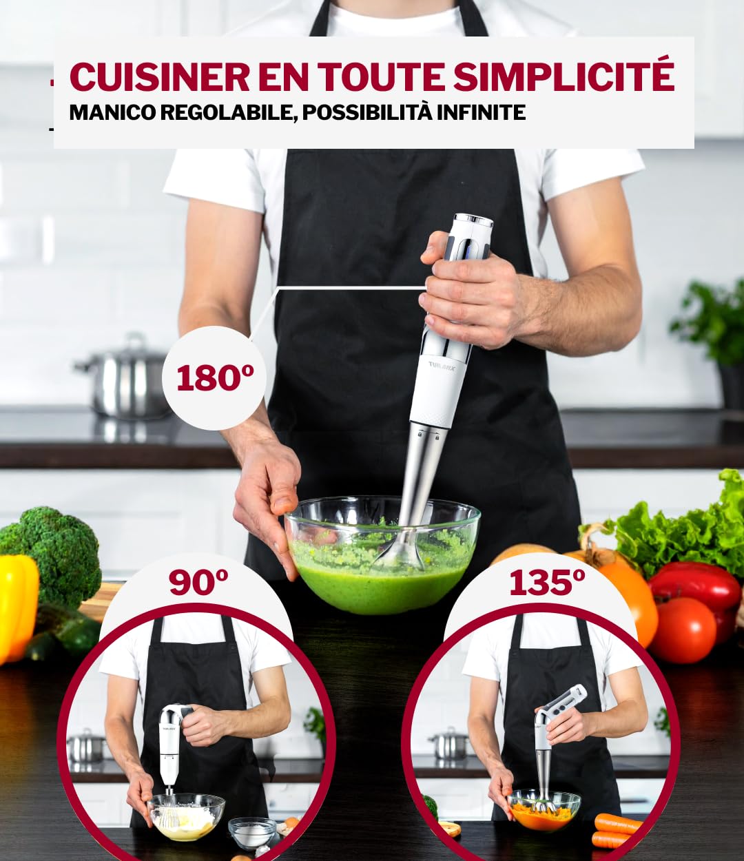 Turmix CX 422 Frullatore a immersione professionale – Frullatore a batteria in acciaio inox 1800W con accessori: tritatutto, frusta, bicchiere e base – Mixer cucina senza fili ricaricabile