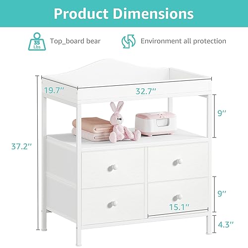 Vista 3 de BOLUO Cambiador con 4 cajones de tela y estante abierto, cómoda para bebé con cambiador, estación de cambio de pañales con almacenamiento