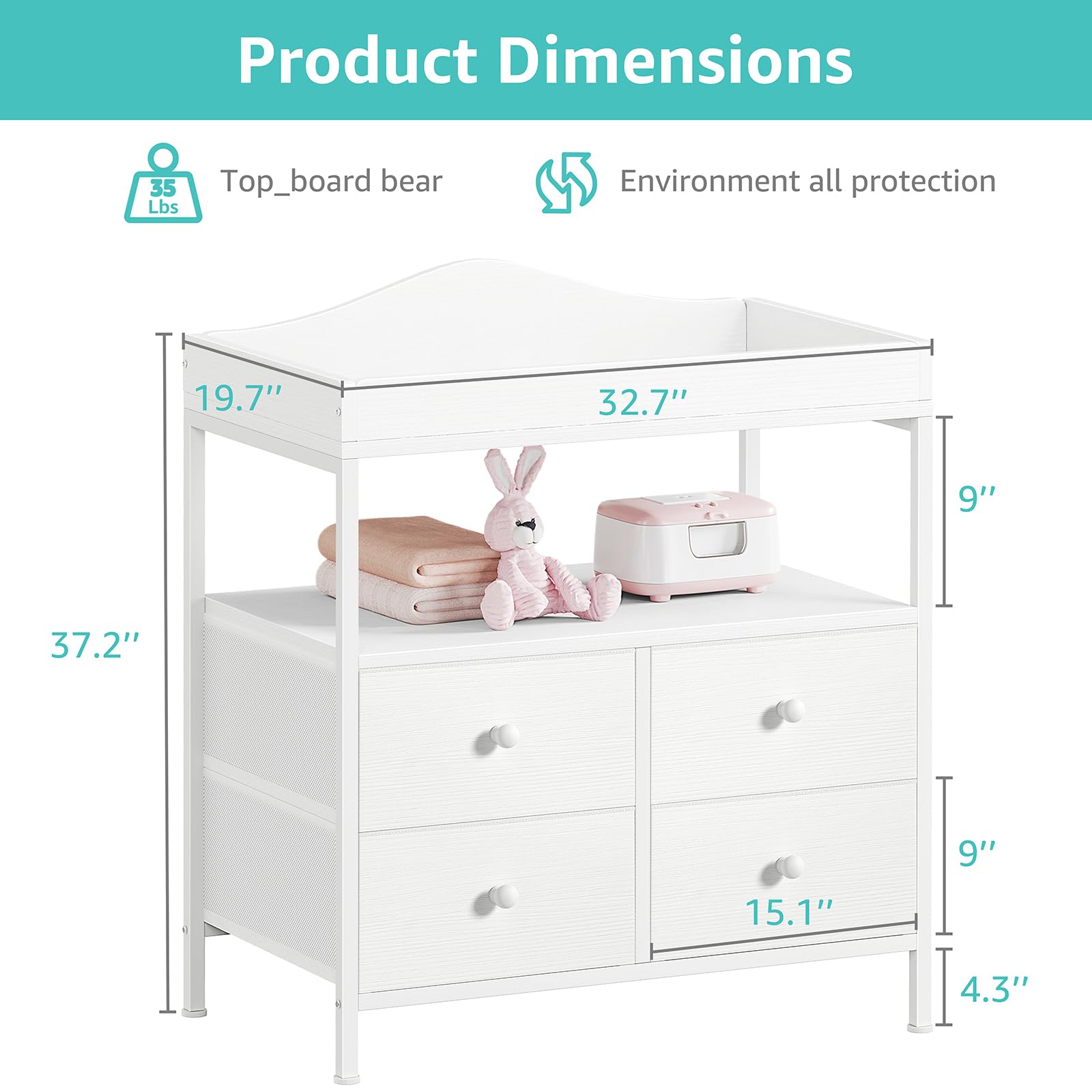 BOLUO Changing Table Dresser with 4 Fabric Drawers and Open Shelf, Baby Dresser with Changing Table Top Diaper Changing Station with Storage for Nursery Modern (White)