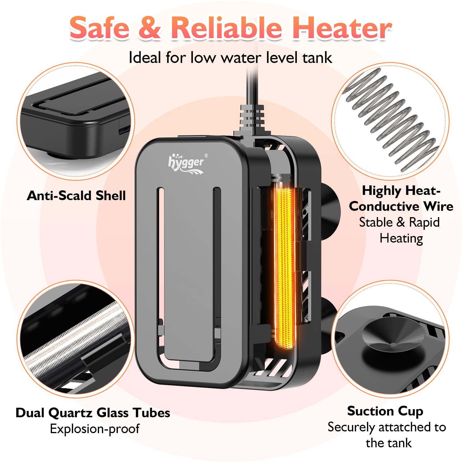 Hygger Calentador de Tanque de Peces, Calentador de Acuario para Tanques de Tortugas, 15-34 ℃, Calentadores de Tanque de Peces Tropicales, Calentador con Controlador, 200W, 95-132L