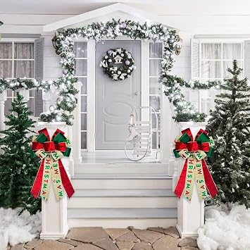 Hying Large Christmas Bow for Wreath, Green Red Velvet Bows for Front Door Wall Fence Decor, Merry Christmas Words Wreath Bow Tree Topper Bow for Winter Christmas Party Decoration Supplies