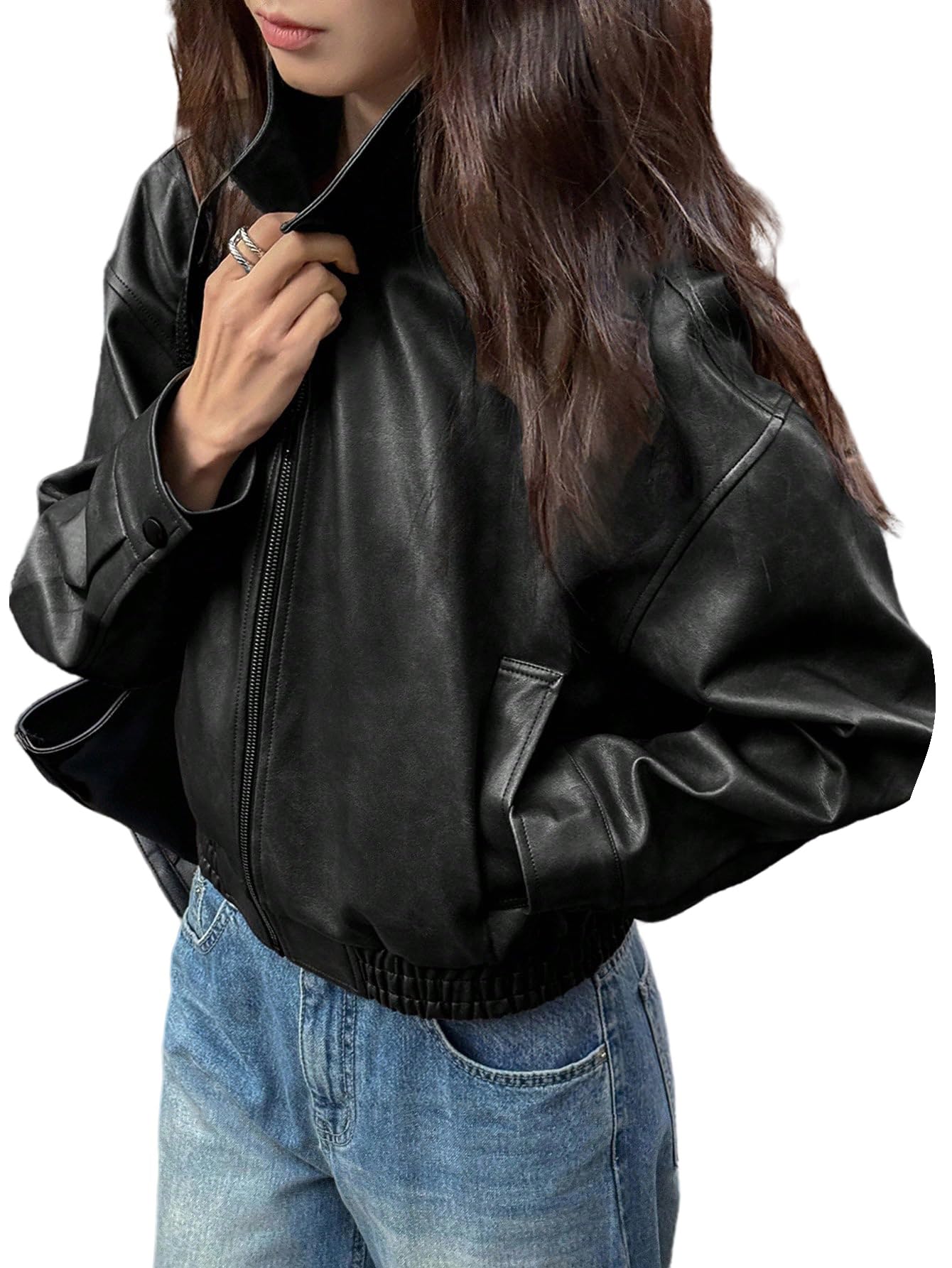 GORGLITTER Veste Y2k en cuir synthétique pour femme - Col montant - Veste d'automne à manches longues - Veste de loisirs avec poches - Veste de transition ample