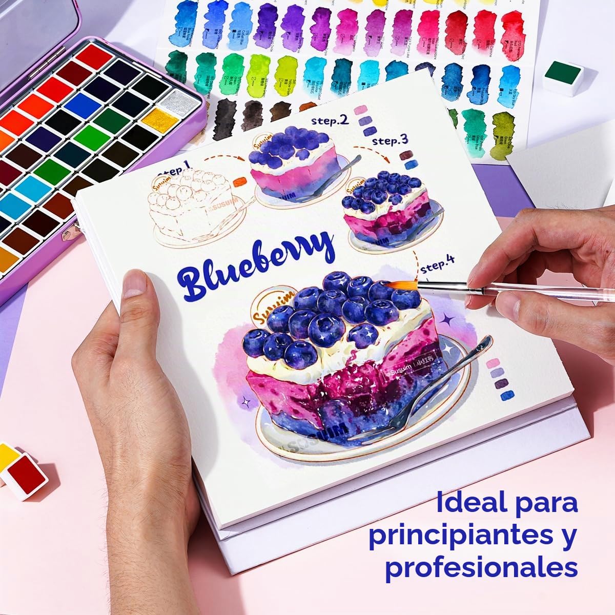 MeiLiang - Juego de acuarela de viaje, pintura de acuarela de 52 colores con 1 lápiz de dibujo, 1 pincel, 5 papeles de acuarela, 1 esponja y 1 bolígrafo de dibujo negro, juego de pintura de colores de