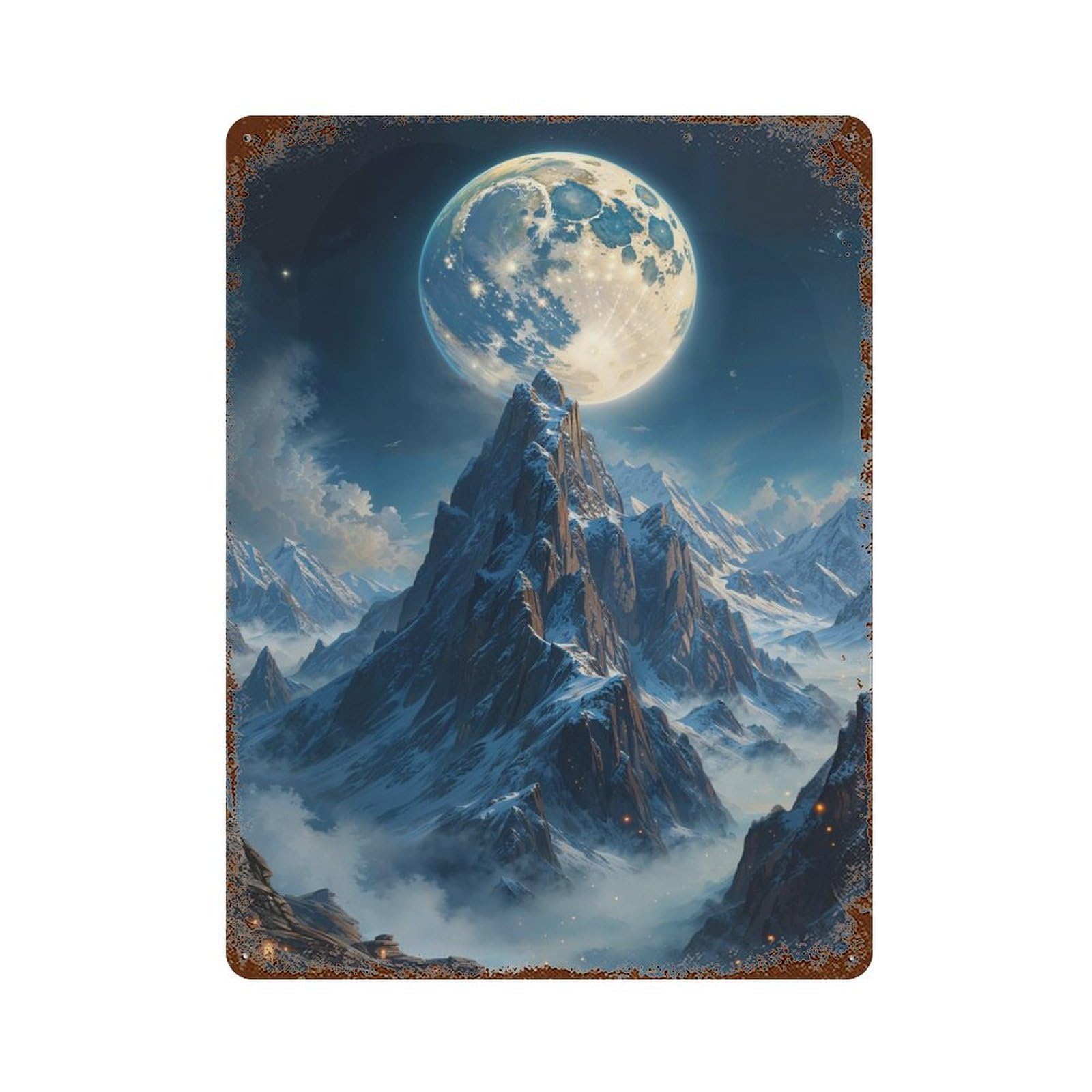 Garage Style Moonlit Mountain Peak Vintage Rust Metal Sign 15.7"x11.8", Retro Wall Decor for Bar And Workshop