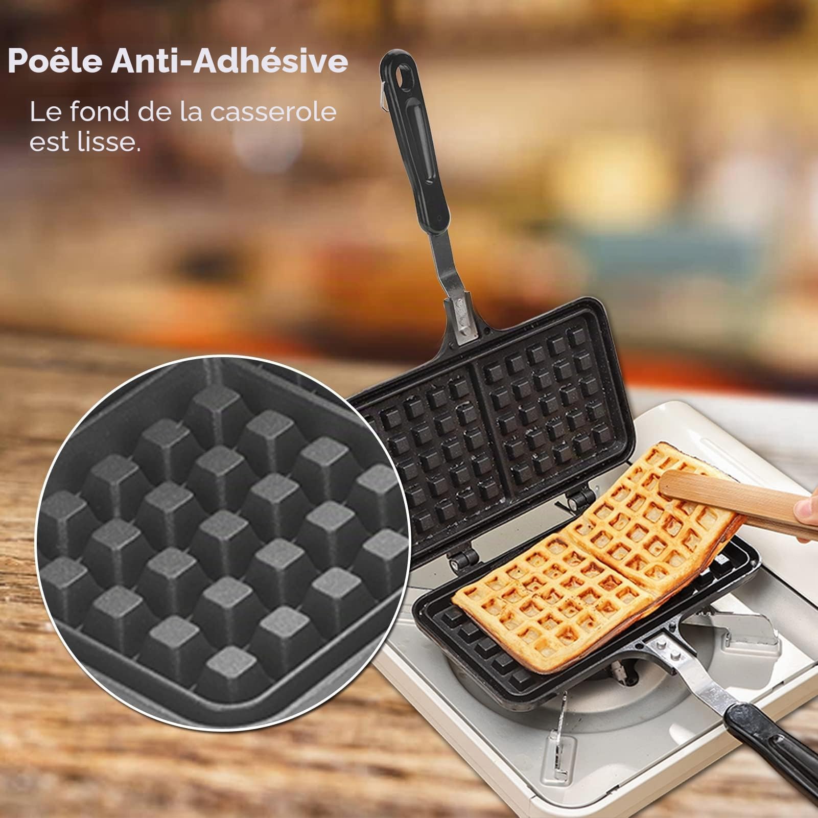 Gaufrier pour cuisinière, poêle à gaufres en fonte antiadhésive Double gaufriers belges pour le camping, la cuisson du petit-déjeuner en famille