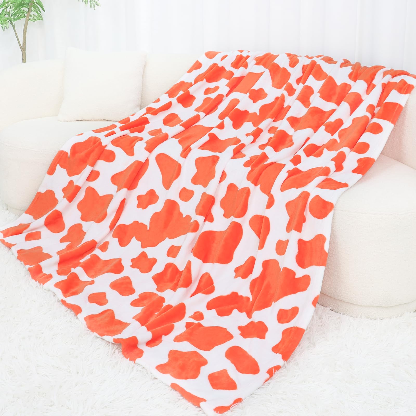 Orange Throw Blanket Twin Size - Soft Fuzzy Fleece Autumn Fall Decor for Girls Bedroom Dorm, Lightweight Cozy Blanket for Couch, Bed, Travel & Camping, Coral Orange Cow Print Gifts for Women 60"x80" โ image 1