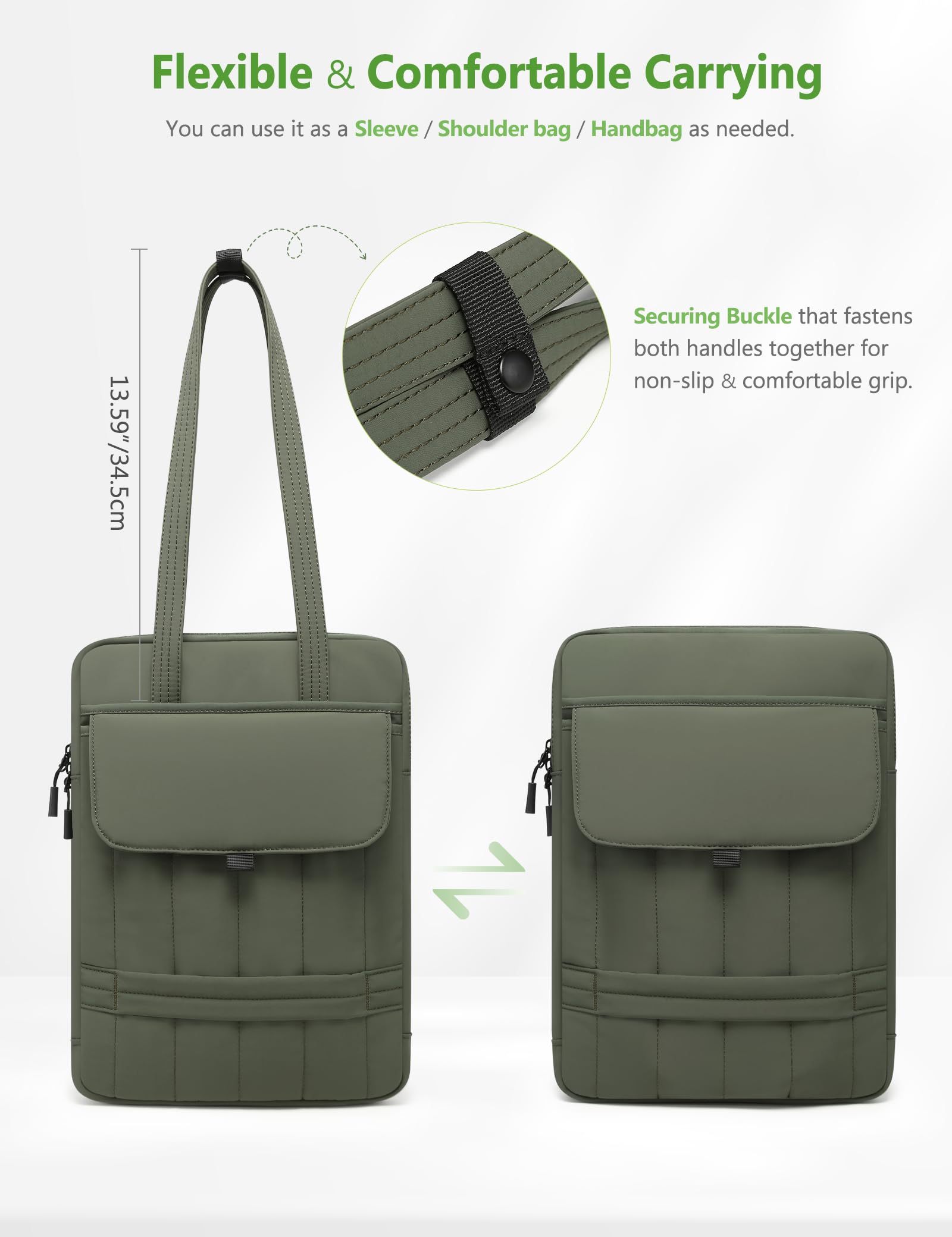 HYZUO 13,3-14 Pouces Housse Rembourrée Ordinateur Portable pour 13"-14" MacBook Pro/Air, 13" 13,3" Dell/HP/Lenovo/ASUS, Sacs à Bandoulière Slim pour Femmes Sac de Travail Quotidien, Vert Minuit