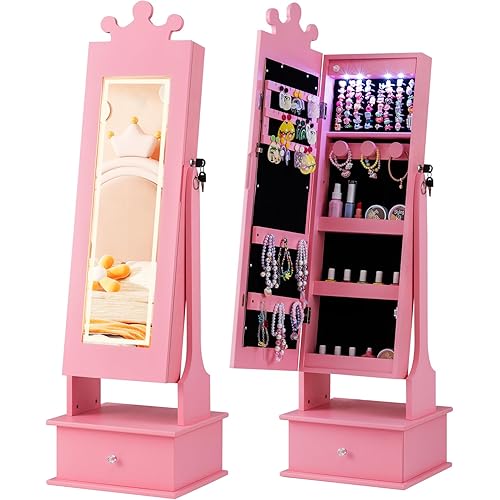 Costzon Kids Jewelry Armoire with LED Lights, Lockable Standing Jewelry Organizer with Full-Length Mirror, Storage Drawer, Children Dress Up Mirror Jewelry Cabinet for Little Girls (Pink)