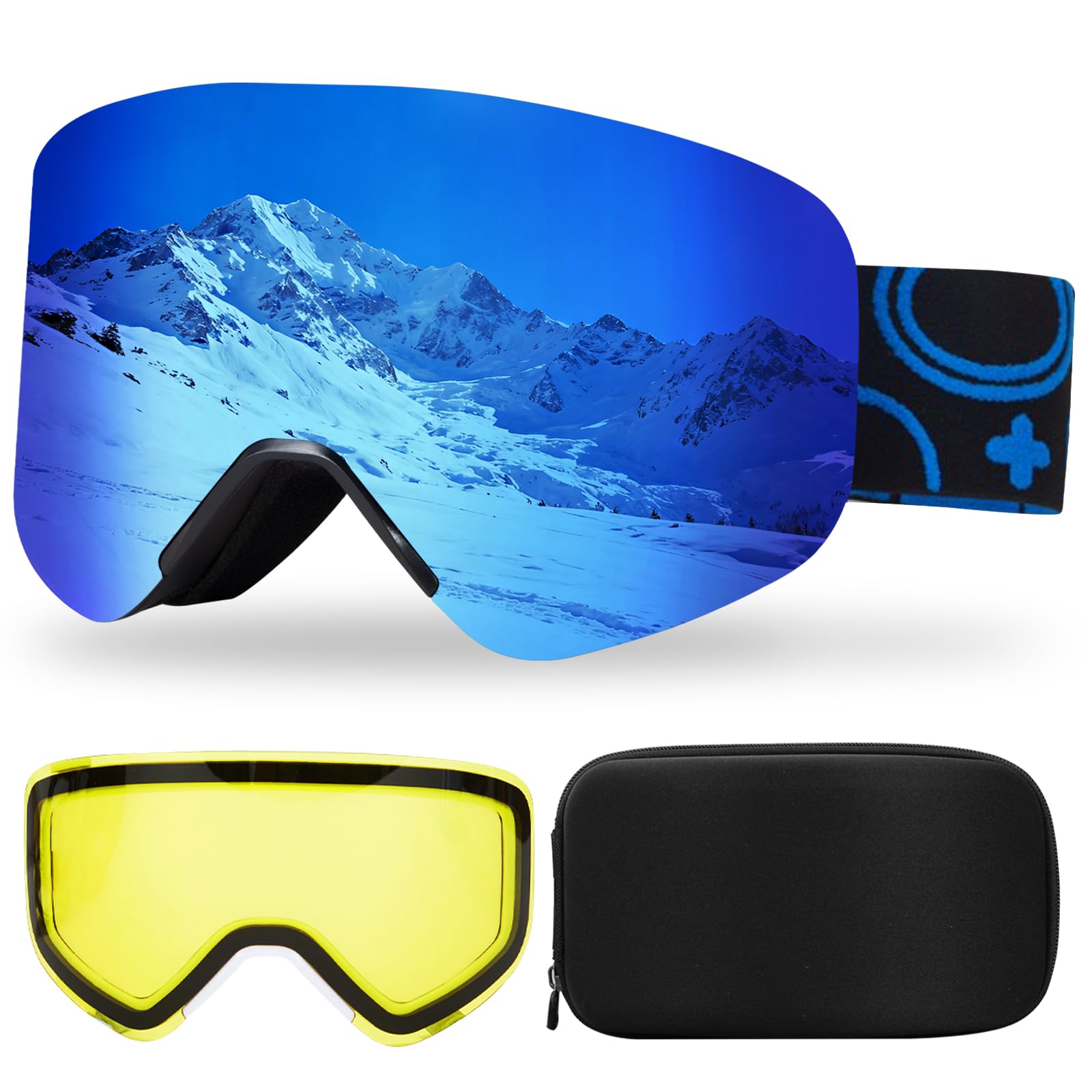 YH879B Lunettes de ski OTG et de planche à neige avec verres magnétiques interchangeables, protection UV et anti-buée, lunettes de neige pour homme et femme (monture noire, bleu Revo intégral, VLT 19