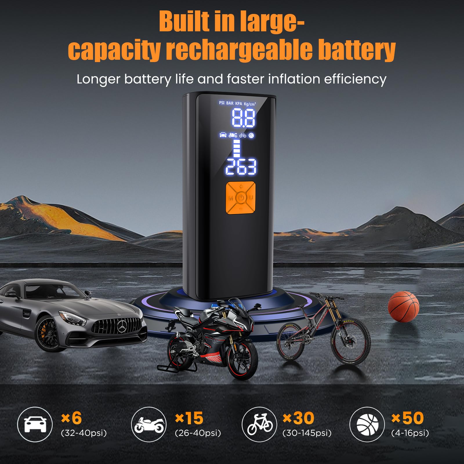 Compressore d'aria portatile, 150 psi, senza fili, per auto, moto, biciclette, palloni da basket e sport, con luce LED, manometro digitale