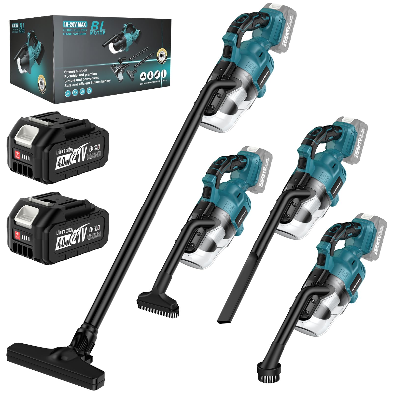 Akku Staubsauger Kompatibel mit Makita 18V, 16000Pa 4-in-1 Akku Handstaubsauger mit 2X 4.0Ah, 4 Bürstenkopf für Teppich, Hartboden, Möbel, Auto