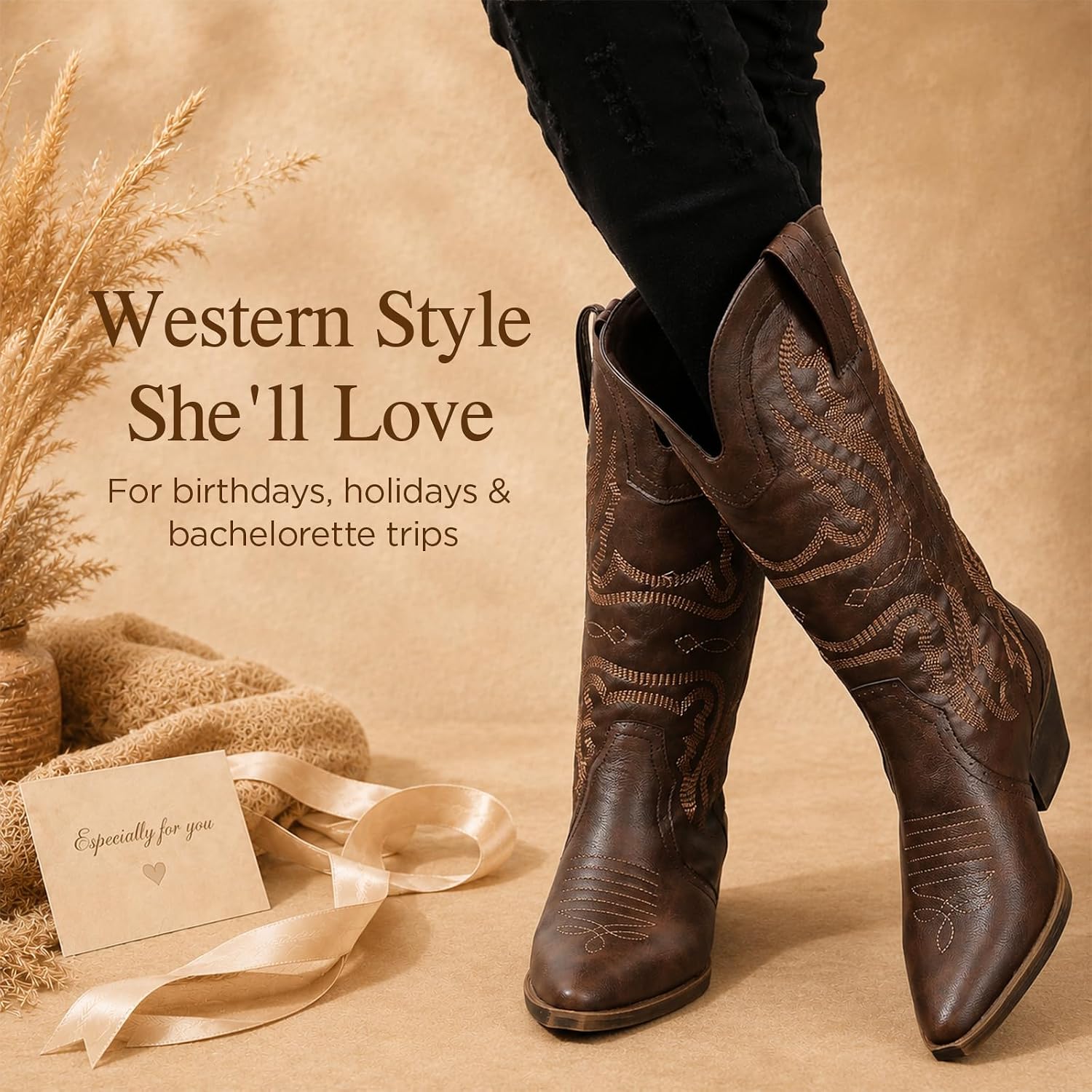 Western Cowboy Boots for Women: Mid Calf Country Concert Cowgirl Boots - 2 Inch Chunky Heel Pointed Toe - Classic Embroidered Detailing