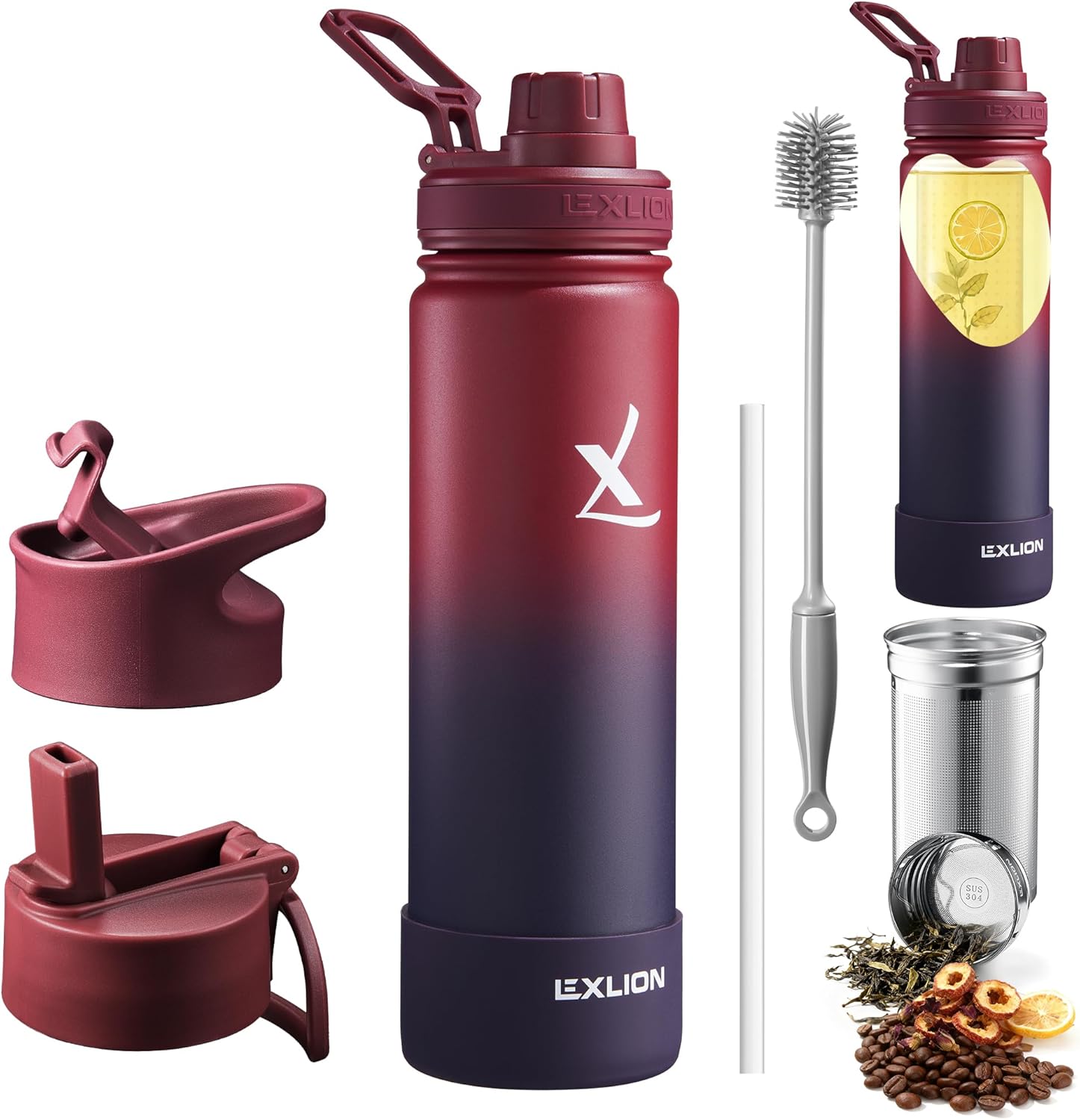 Lexlion Tea Infuser Water Bottle 22 Oz – Triple Wall Insulated Stainless Steel, Loose Leaf & Fruit Strainer, 3 Leakproof Lids, BPA-Free Silicone Sleeve, Reusable Thermal Mug