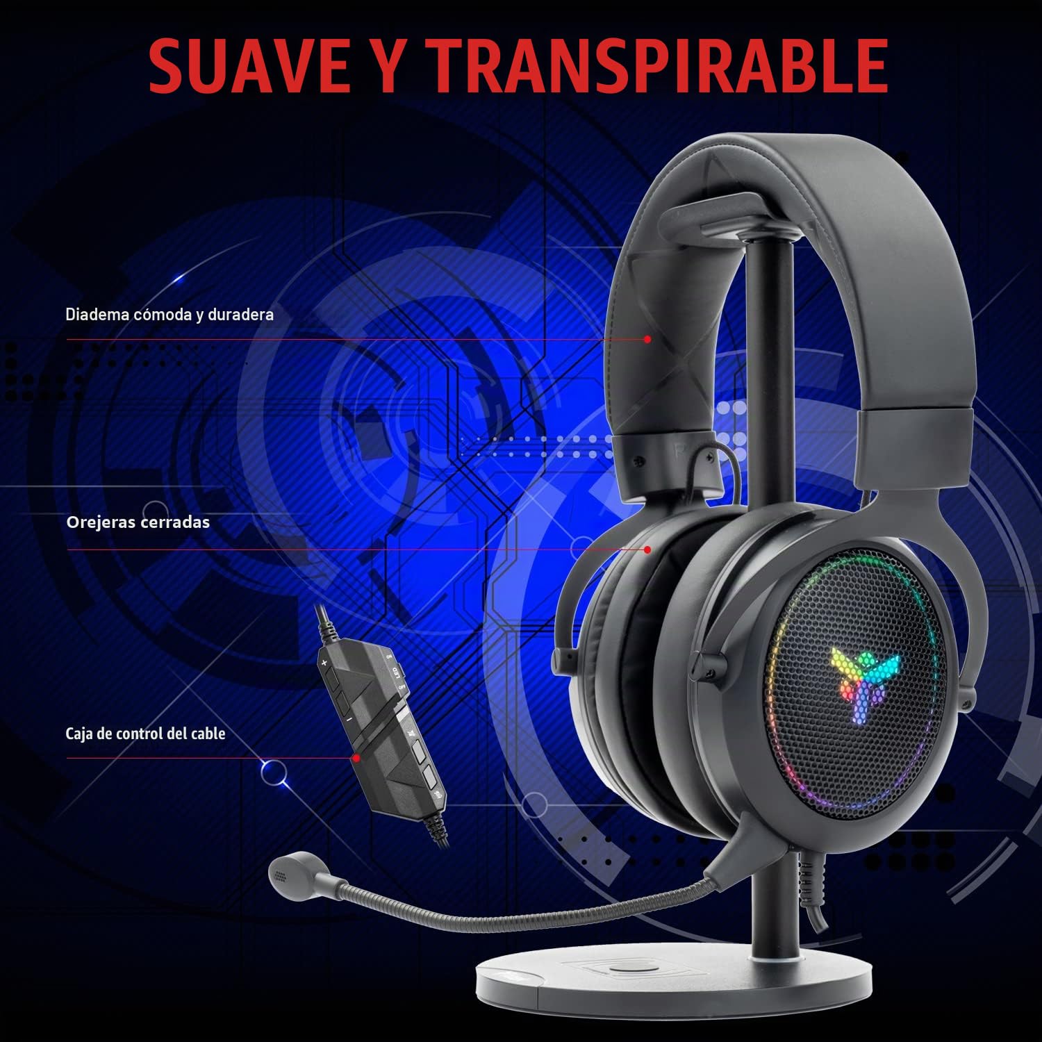 Itek H500 Auriculares Gaming con Micrófono Extraíble, Sonido Envolvente 7.1 Virtual, Cancelación de Ruido Externo, Iluminación LED RGB, Conexión USB, Compatible con PC y Consola, Negro, Ajustable