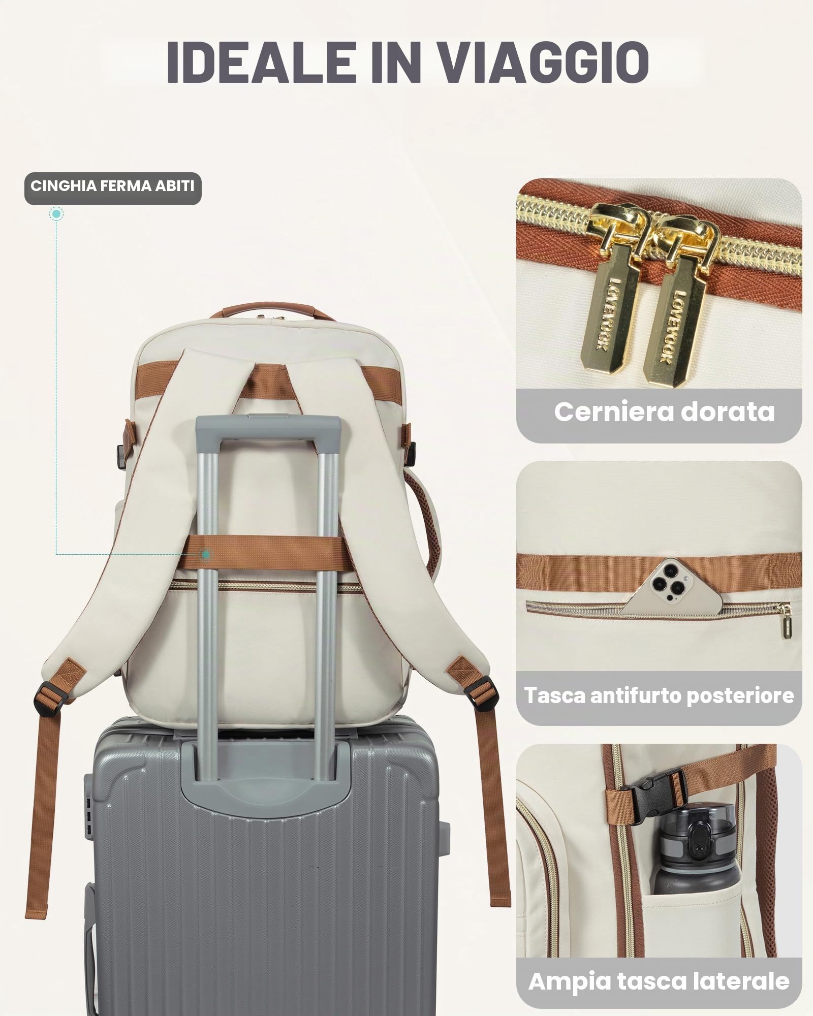 LOVEVOOK Zaino da Viaggio Aereo Bagaglio a Mano, Impermeabile Zaini | Trolley Bagaglio Donna 40L Cabin Max per Ryanair Easyjet, Grande Zaino Porta PC 17 Pollici Valigia Borsa a Zainetto