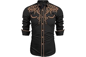 Men's Long Sleeve Embroidered Cowboy Shirt Slim Fit Casual Western Style Button Down Shirt