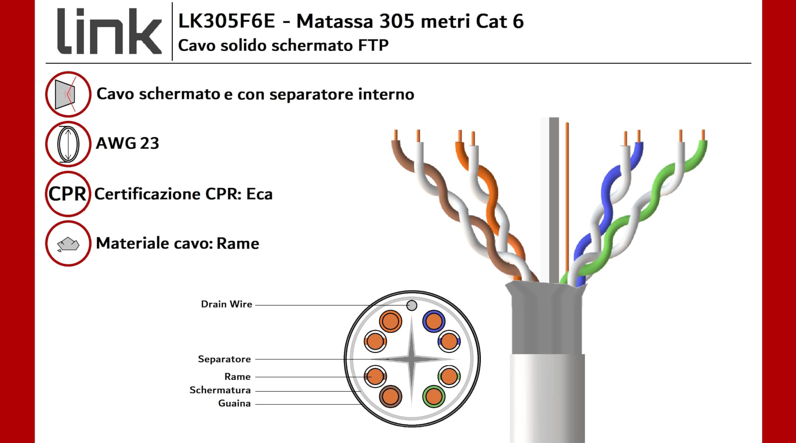 LINK LK305F6E - Cavo di rete schermato FTP categoria 6 (matassa 305 m, grigio) – Conduttori solidi in rame AWG23 a 8 poli – Guaina LSZH senza alogeni, certificazione CPR classe Eca