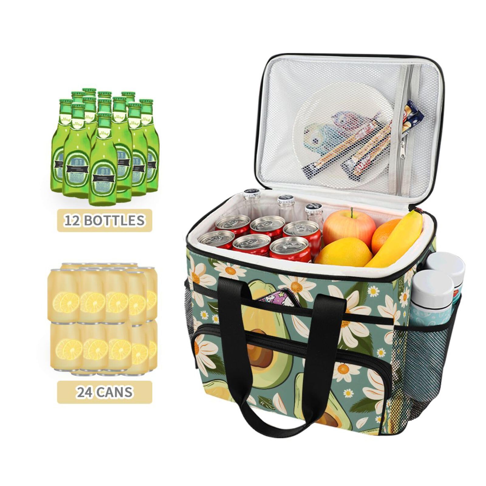 Grüne Avocado-weiße Gänseblümchen-Kühltasche, groß, isolierte Lunchtaschen, Picknick-Kühltasche, 15 l, 24 Dosen, wasserdichte Thermotasche für Erwachsene, Männer, Frauen