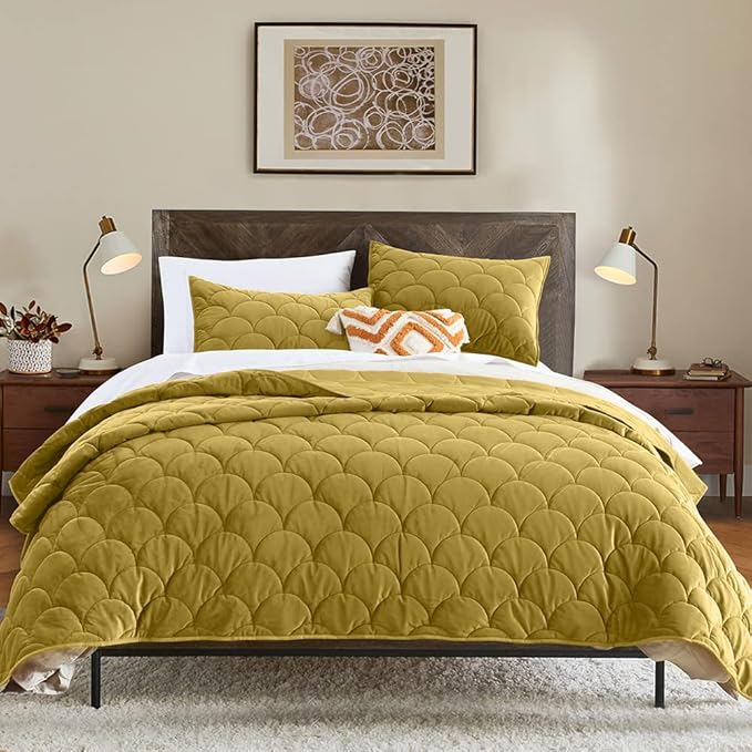 HORIMOTE HOME Velvet Quilt Set Queen Size, Mustard Yellow