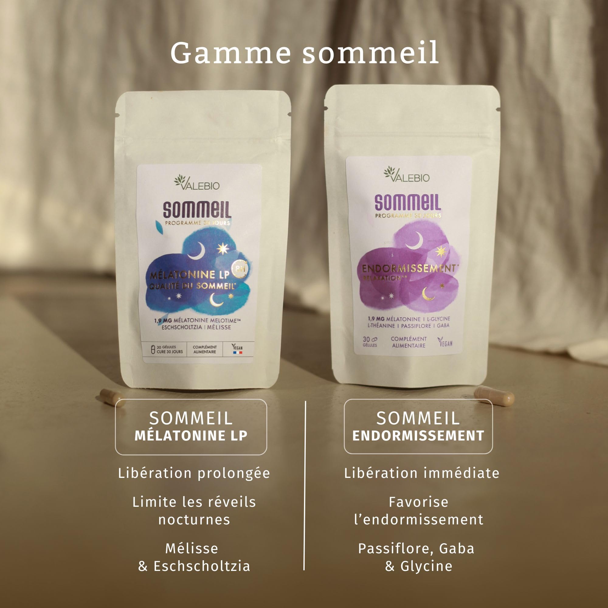 Melatonine LP 1,9 mg I Libération prolongée 8h I Aide à la qualité du sommeil I Mélisse et Eschscholtzia I 30 Gélules I Fabriqué en France I Valebio