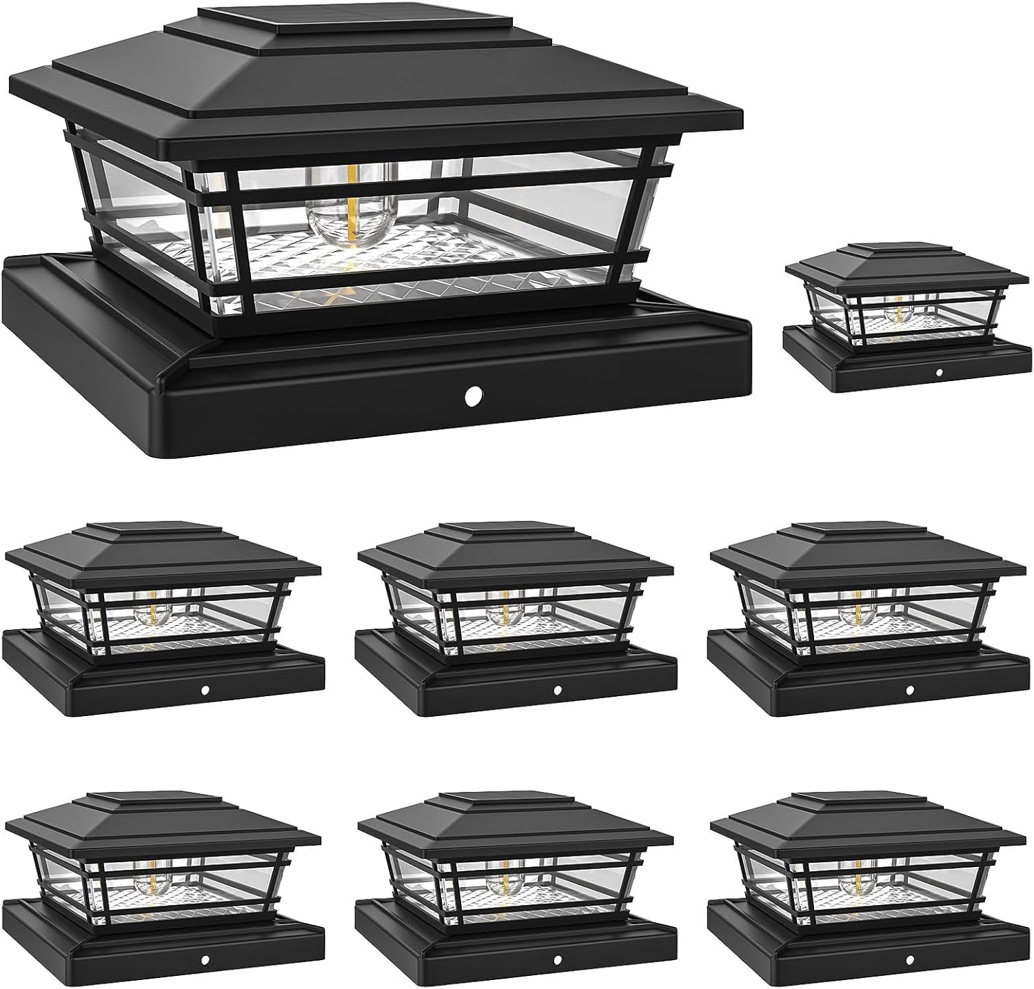 APONUO Solar Post Cap Lights, 8 Pack 4x4 Post Solar Lights - Adjustable Brightness Warm White, IP64 Waterproof, Vintage Edison Bulb - Fits 4x4 5x5 6x6 Wood Vinyl Fence & Deck Posts - Black Black 8 Pack