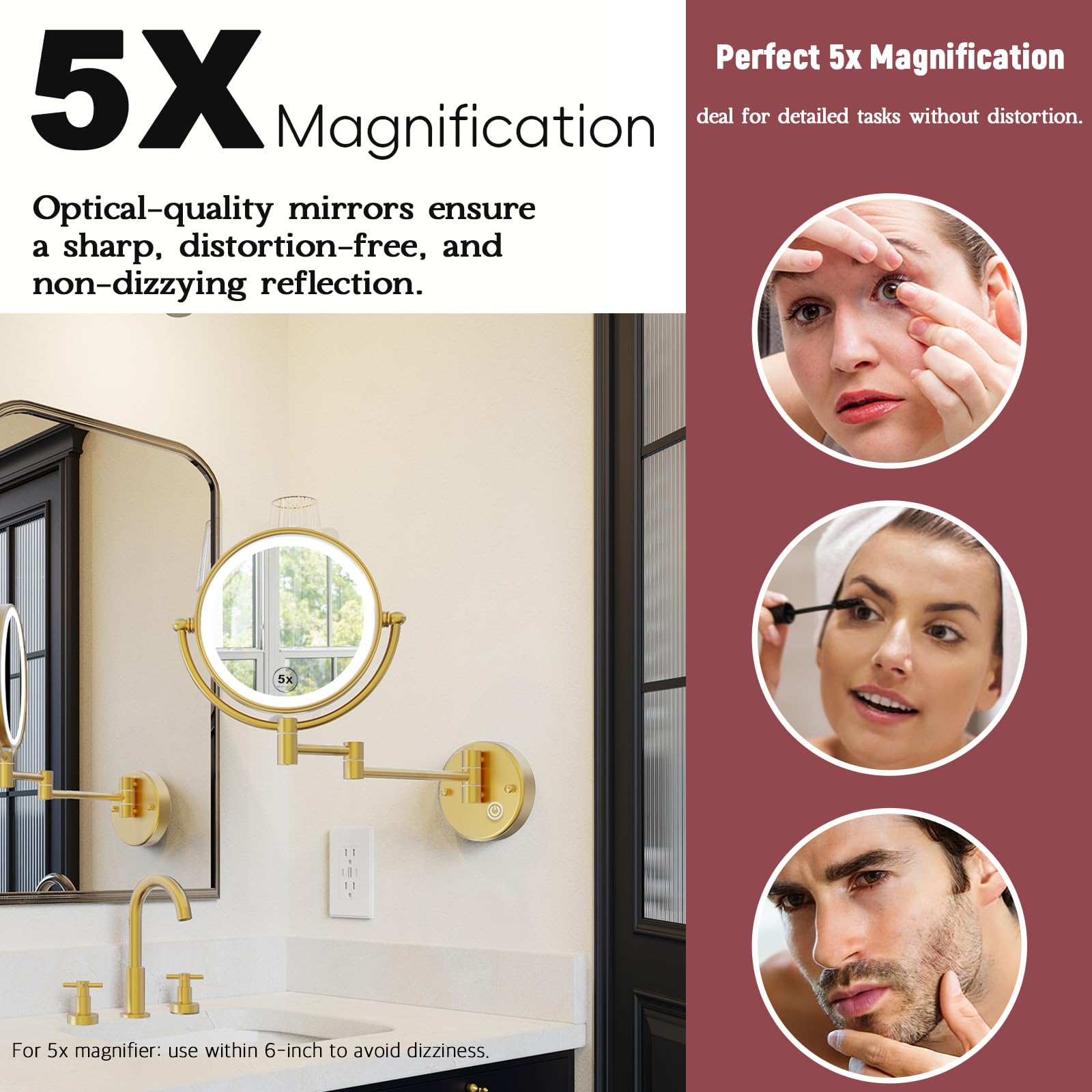 Espejo de maquillaje recargable de latón de 8 pulgadas con luces y aumento 1X/5X, inalámbrico de doble cara de 3 colores, control táctil LED, brazo extendido, rotación de 360 grados para baño