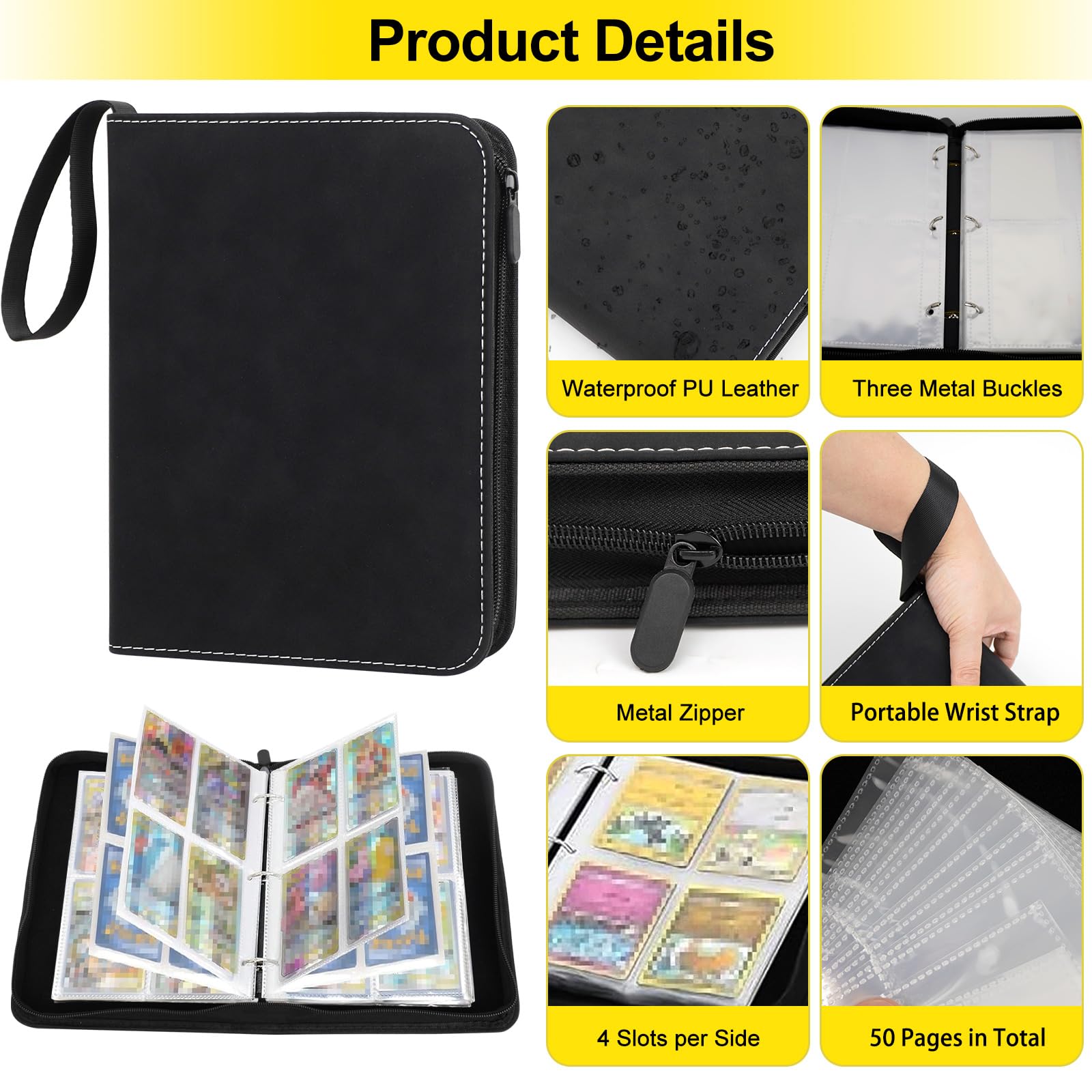 Realjoy Trading Card Binder 4 Pocket,400 Pockets Trading Card Albums,Card Collection Folder with Removable Sleeves for Sports Cards,Game Cards,TCG(Black) - Image 3