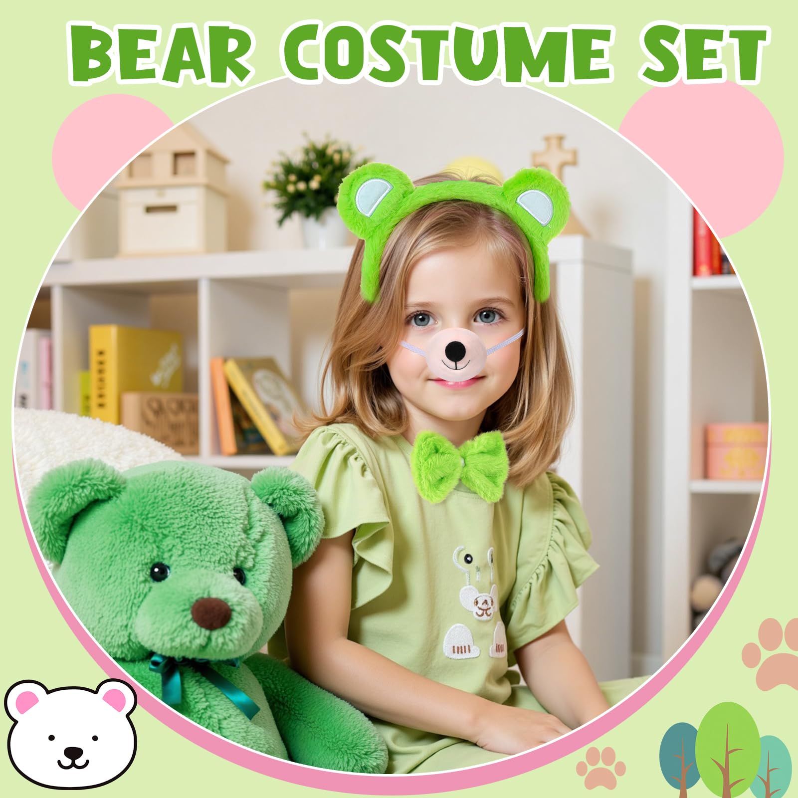 Hifot 4PCS Bear Costume Accessories, Furry Bear Ears Headband Nose Bow Tie and Tail Set - Image 2