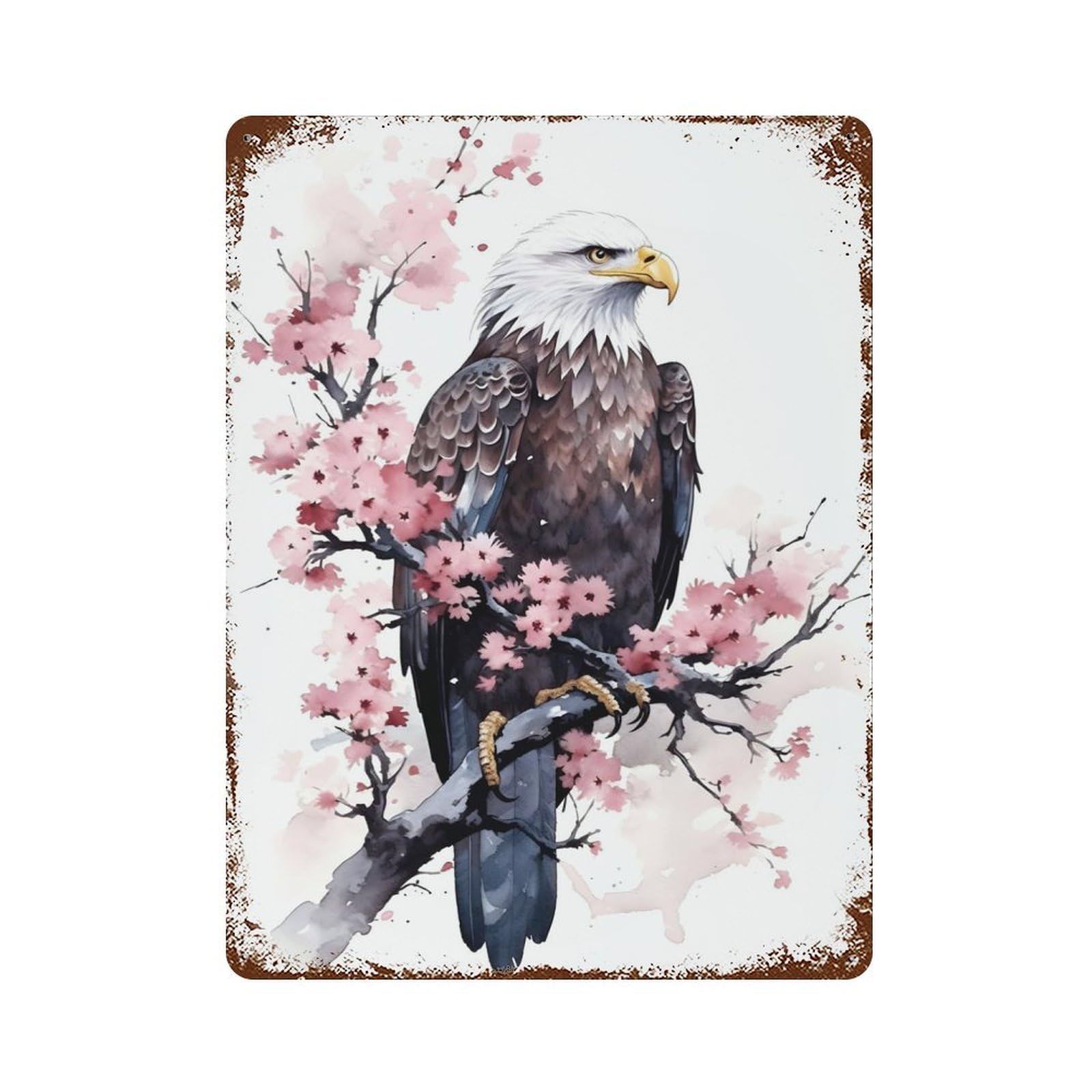 Bald Eagle Cherry Blossom 15.7"x11.8" Vintage Rust Metal Sign, Shabby Chic Decor for Garage, Bar And Workshop Decor
