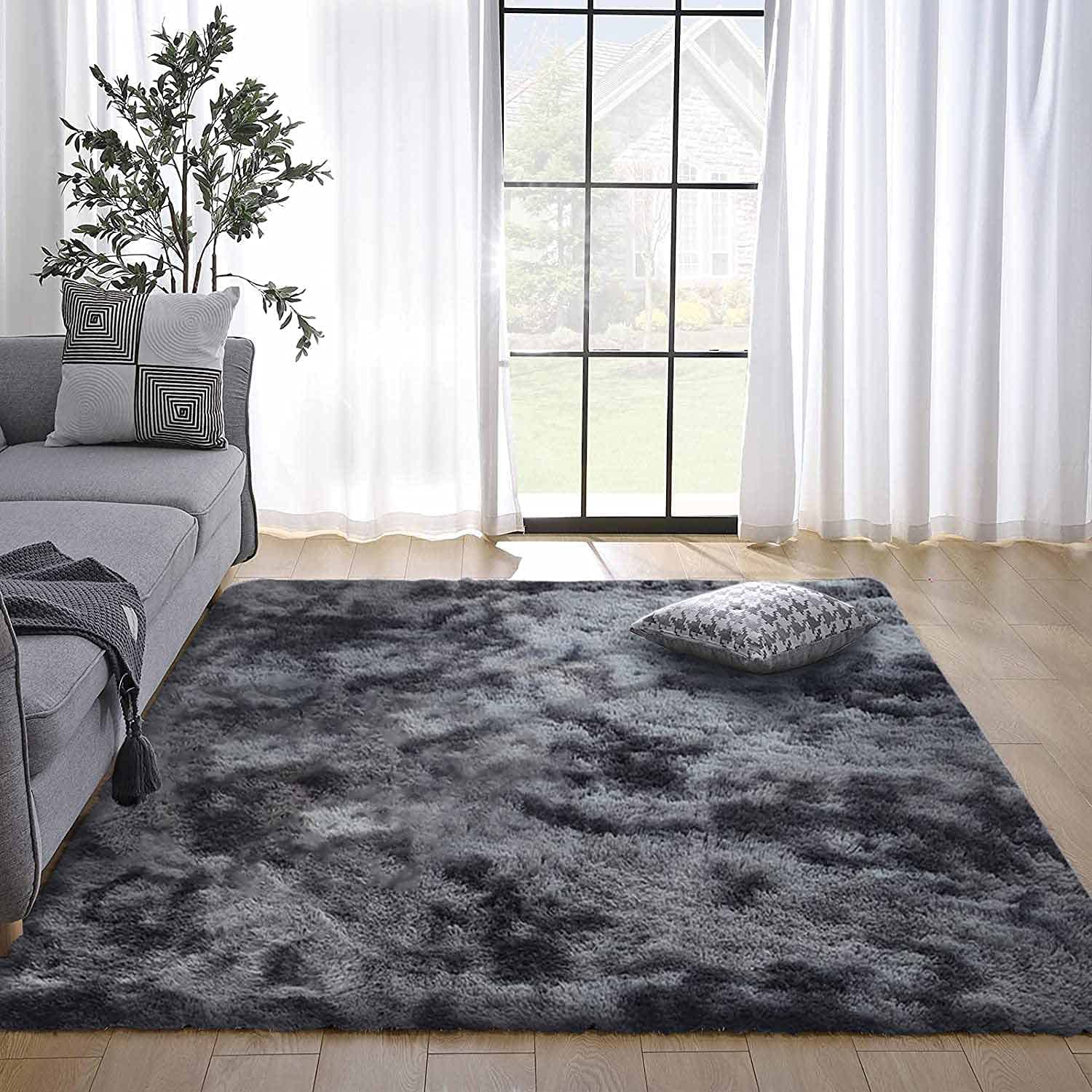 Calore Woonkamertapijt, Shaggy-tapijt, slaapkamer, modern tapijt, indoor, comfortabel, huis, vloertapijt (grijs/wit, 185 x 185 cm