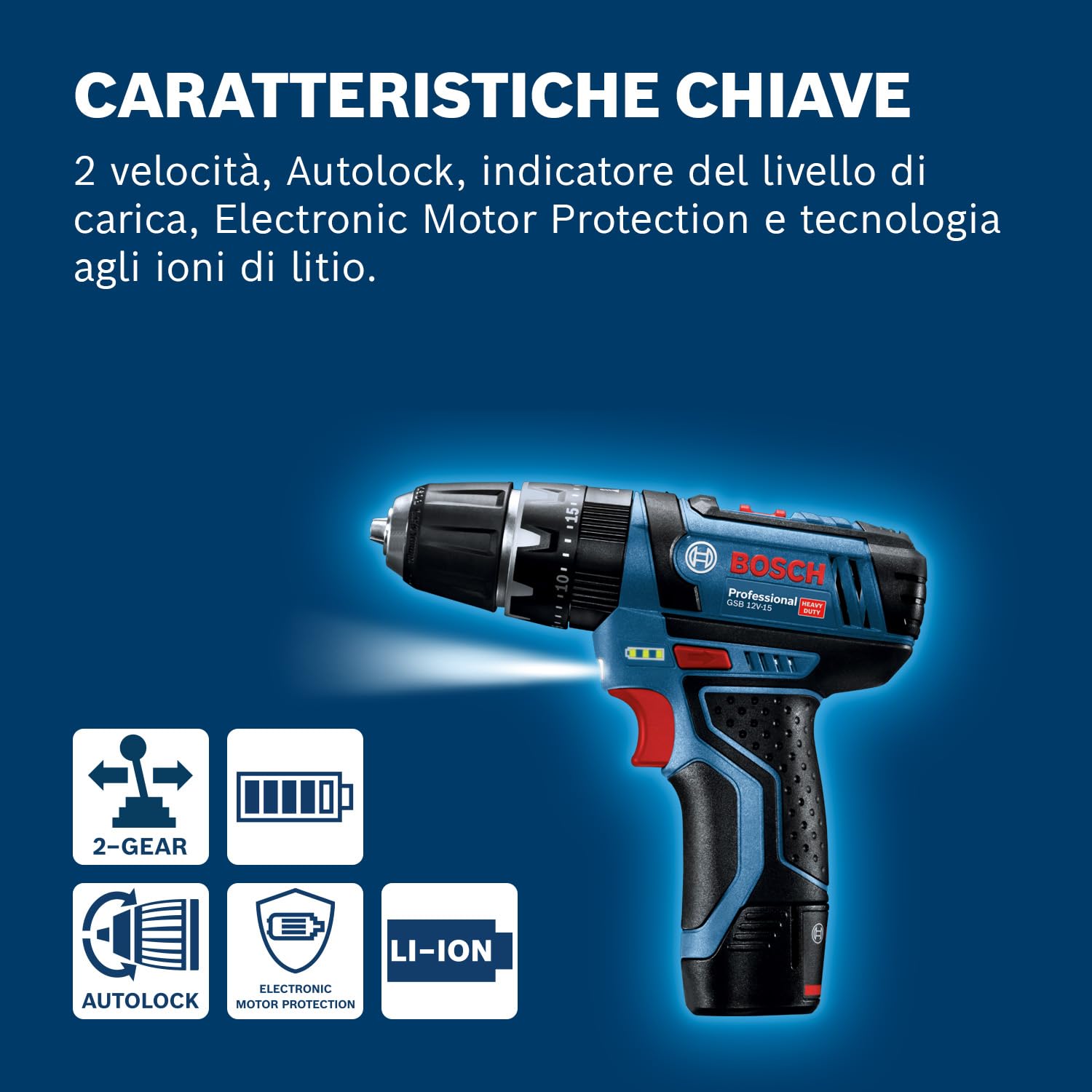 Bosch Professional 12V System Trapano-avvitatore con percussione a batteria GSB 12V-15 (incl. 2 batt. da 2.0Ah, caricabatteria, set di bit da 10 pz., valigetta professionale)