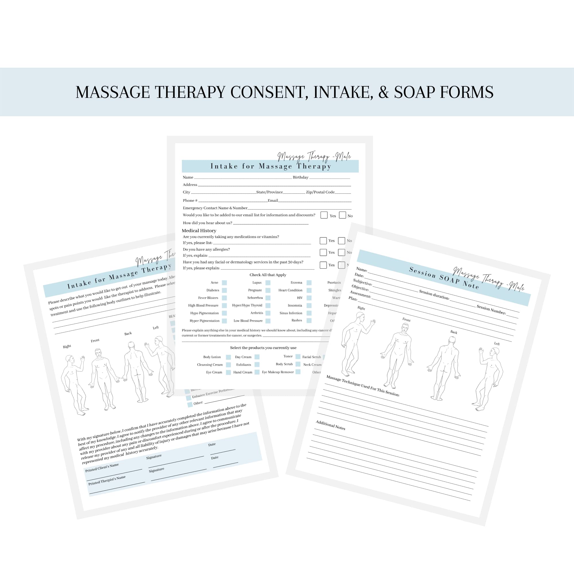 Massage Therapist Client Intake Forms Male Intake,Consent,SOAP Notes | Forms for Medical History Treatment and Technique | 75pk, 25 of Each | Dbl Sided | Aftercare Instructions, Separate Soap Notes