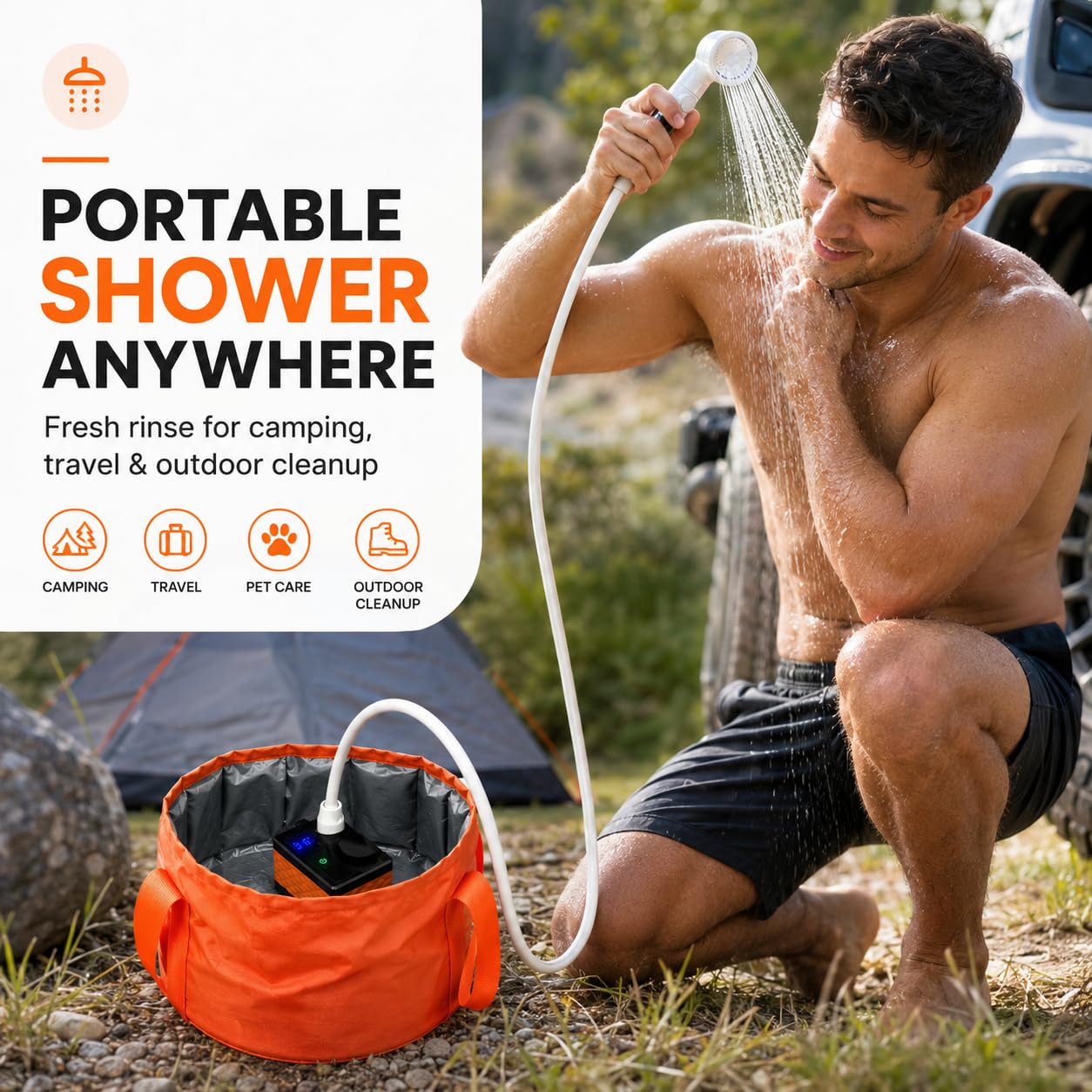 Aidoclip Pompa doccia portatile da campeggio con 12l pieghevole | Kit doccia alimentato a batteria, display della temperatura, soffione doccia a 3 velocità, tubo da 2,1 m, doccia per spiaggia