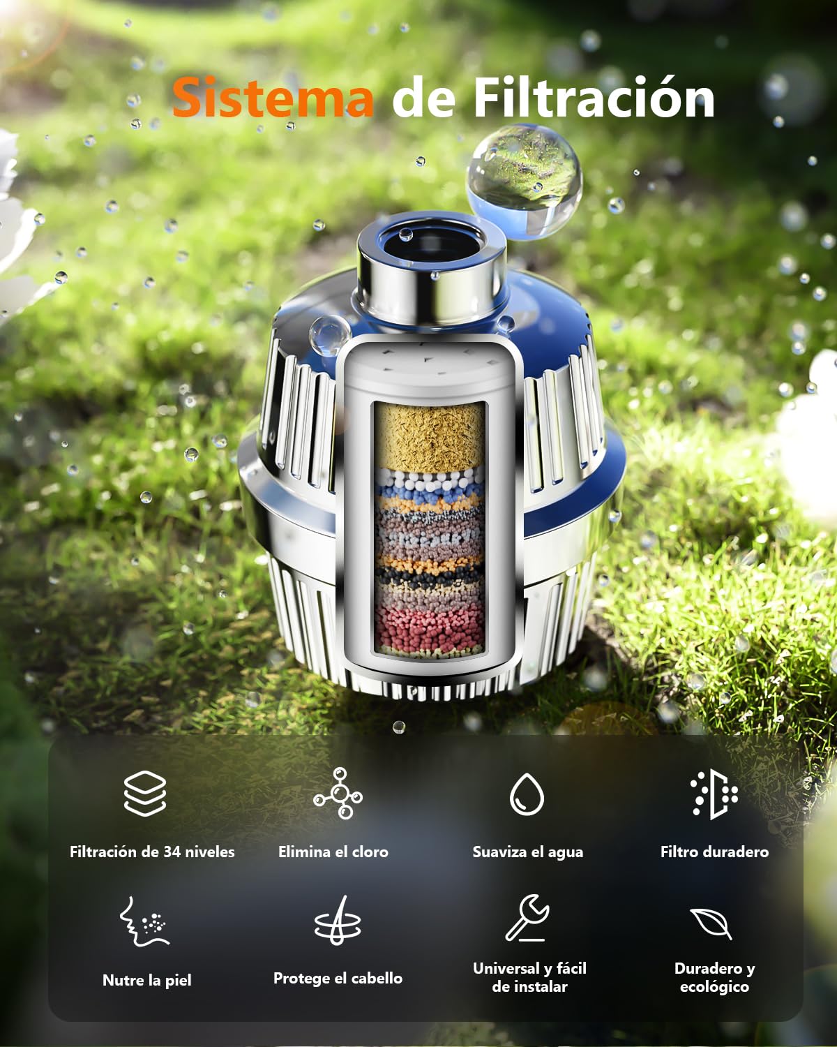 Cobbe Filtro de Ducha de 34 Etapas con Vitamina C para Agua Dura, Filtro Antical con 2 Cartuchos que Elimina Cloro y Metales Pesados, Cromado