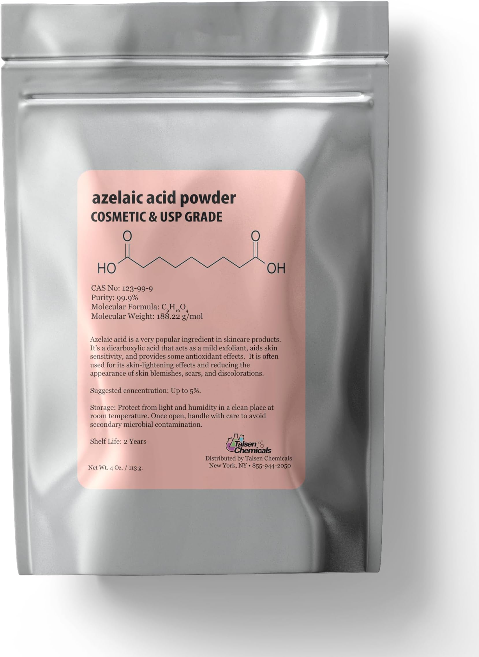 Azelaic Acid Powder (4 Oz / 113 Grams) 99.9% Azelaic Acid Fine Powder for Making DIY Azelaic Acid Cream, Gel and Azelaic Acid Serum by Talsen Chemicals