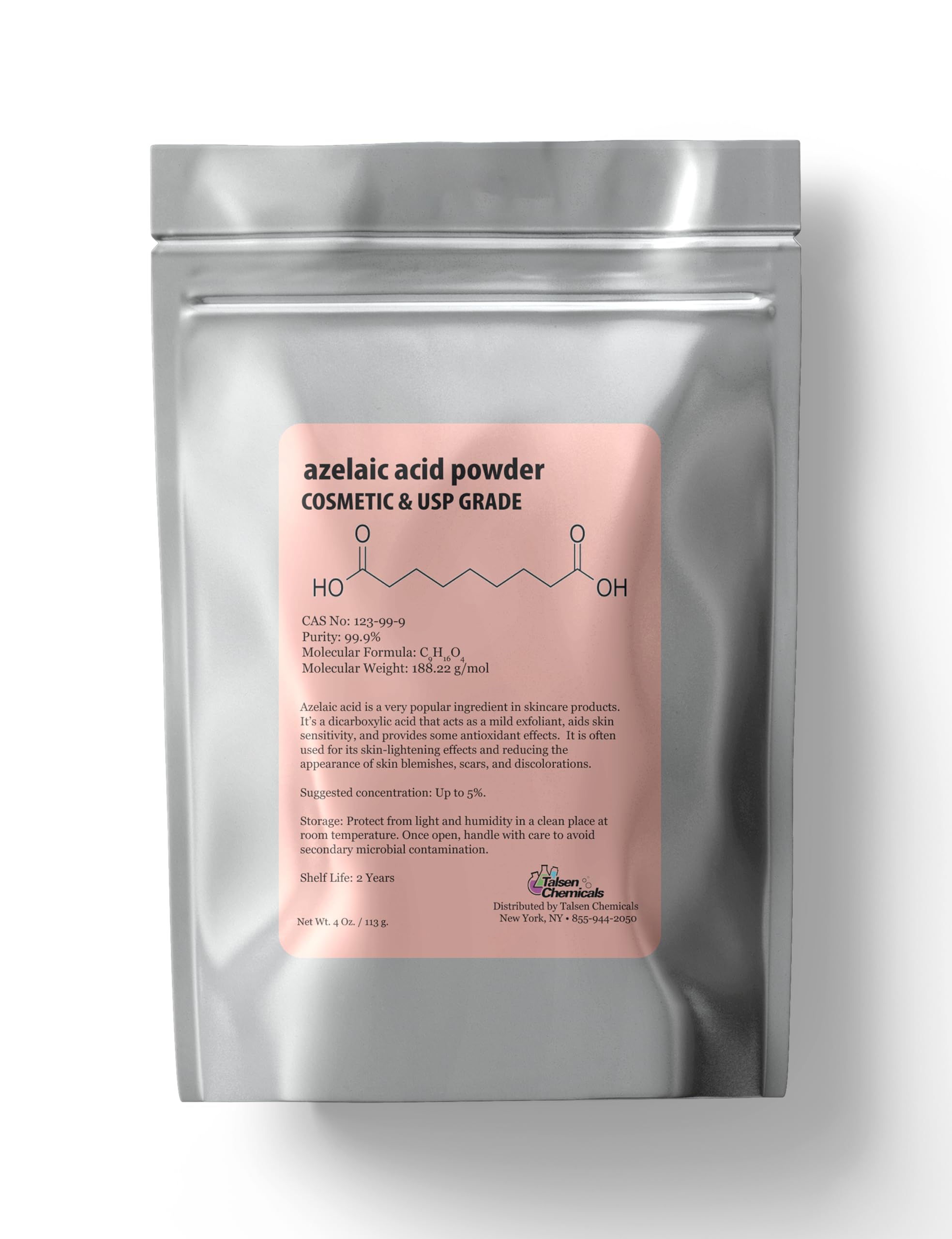 Azelaic Acid Powder (4 Oz / 113 Grams) 99.9% Azelaic Acid Fine Powder for Making DIY Azelaic Acid Cream, Gel and Azelaic Acid Serum by Talsen Chemicals