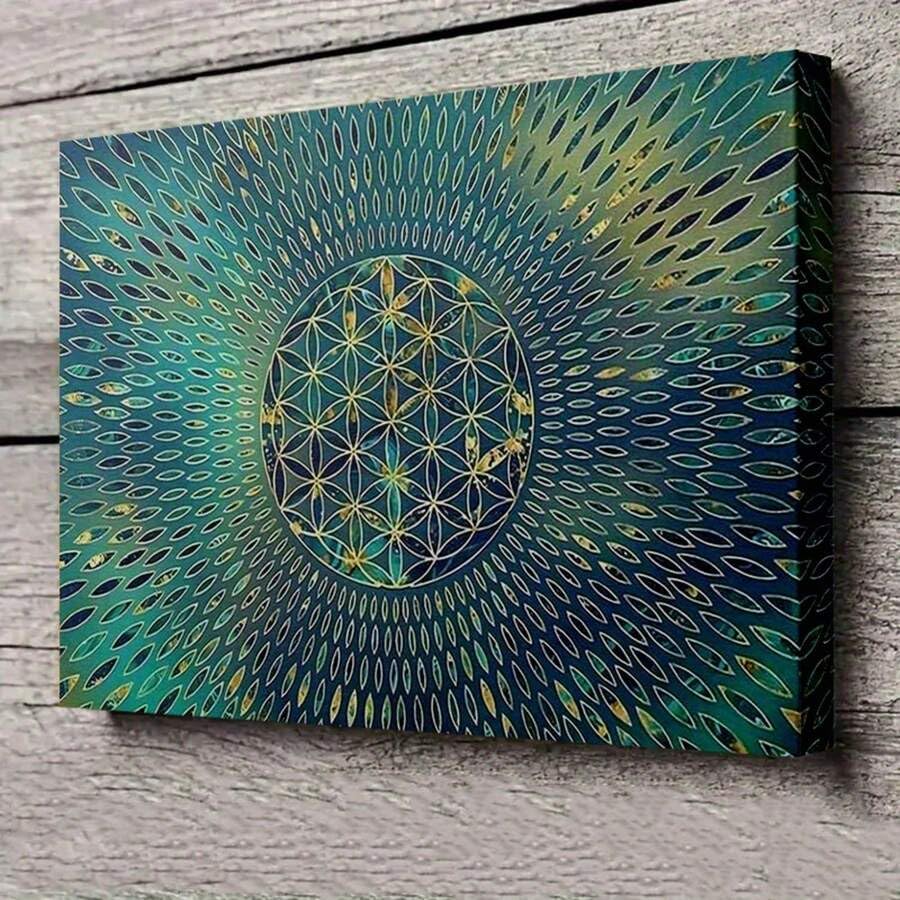 Espace de méditation zen avec la grande toile spirituelle Mandala Fleur de Vie