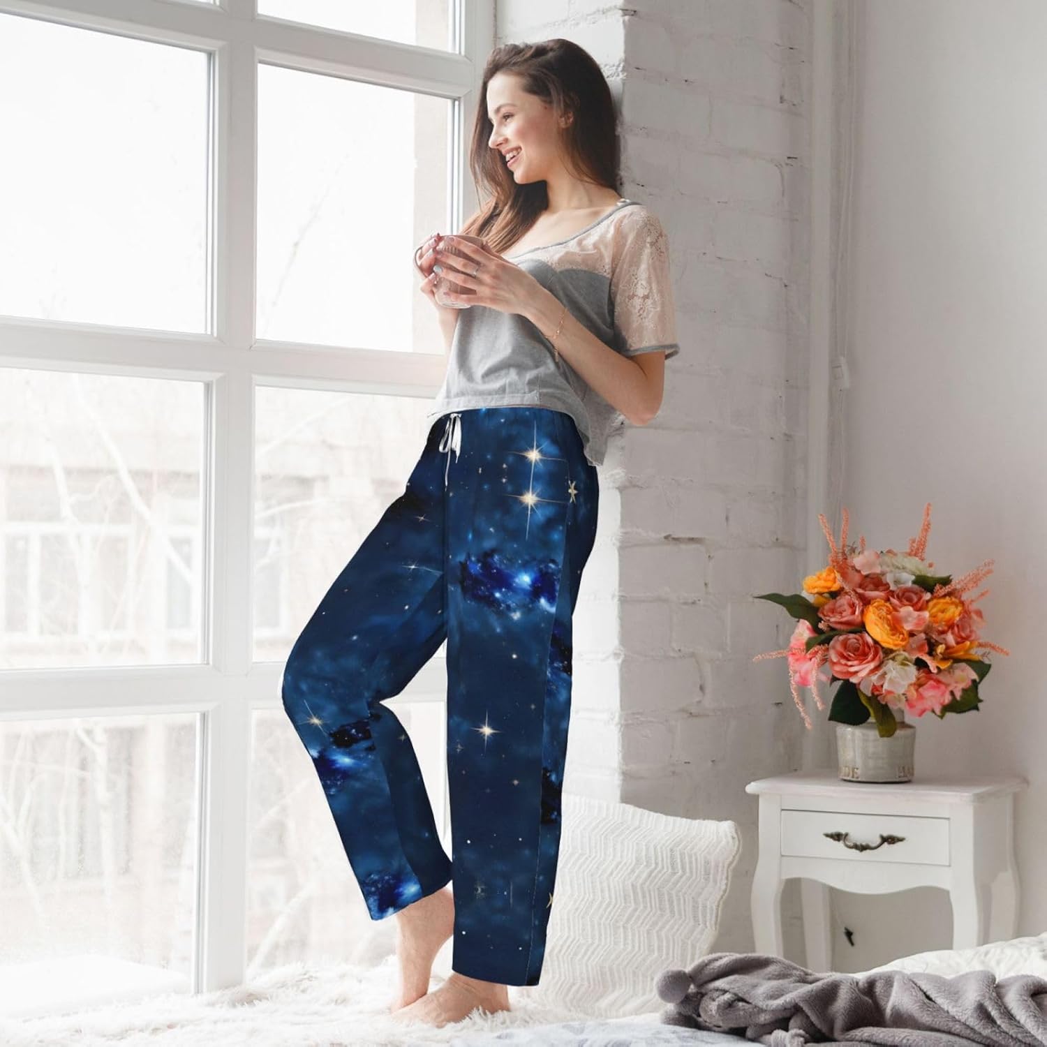 Blue Galaxy Print Cozy Flannel Pajama Pants For Women,Warm Christmas Pj Pants,Cute Fleece Pajamas