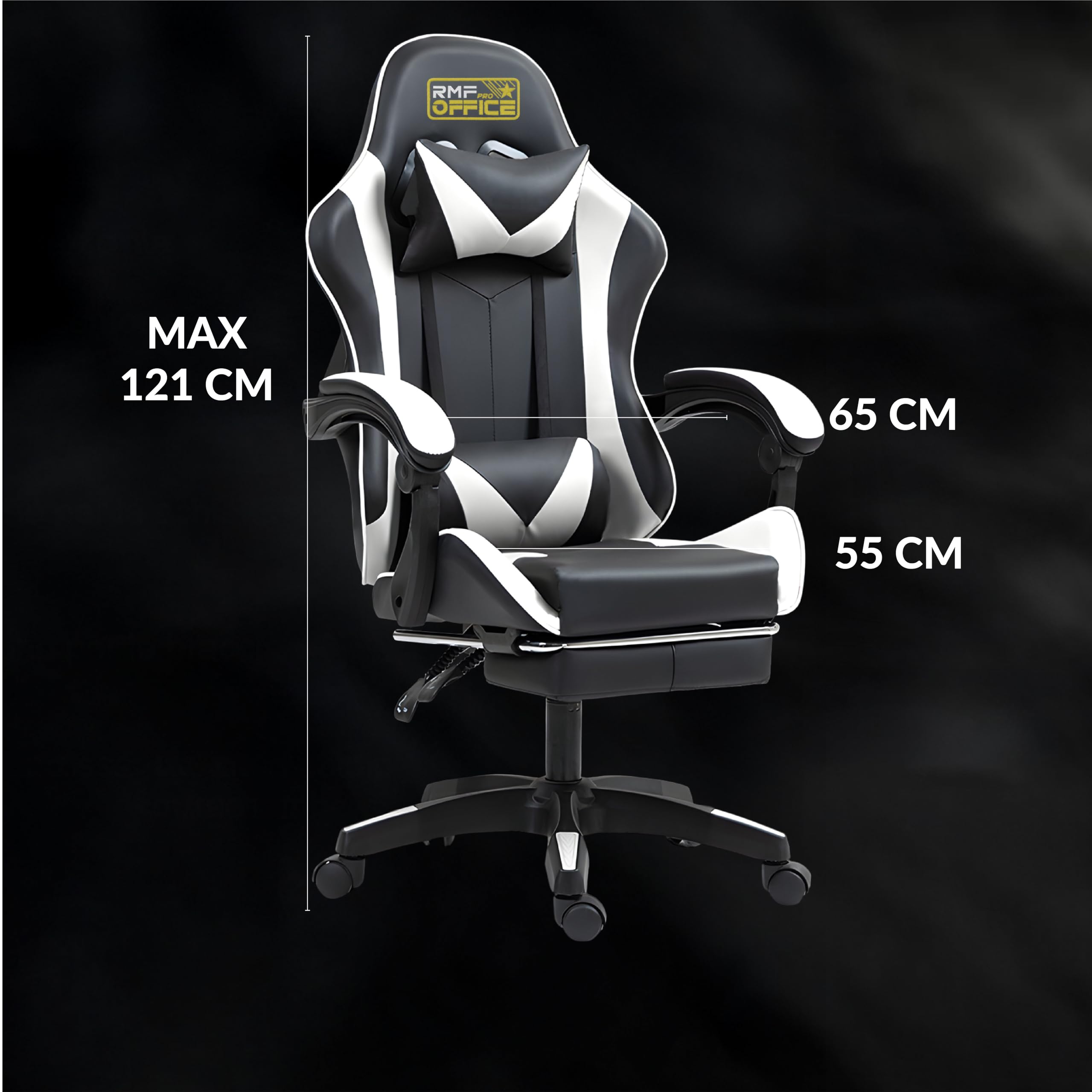 RMF Sedia Gaming Professionale Ergonomica Reclinabile, Poltrona Gaming Seduta Comoda e Rilassante con Poggiapiedi - Sedia per Gamer con Ruote Girevoli, Altezza Regolabile Bianco/Nero