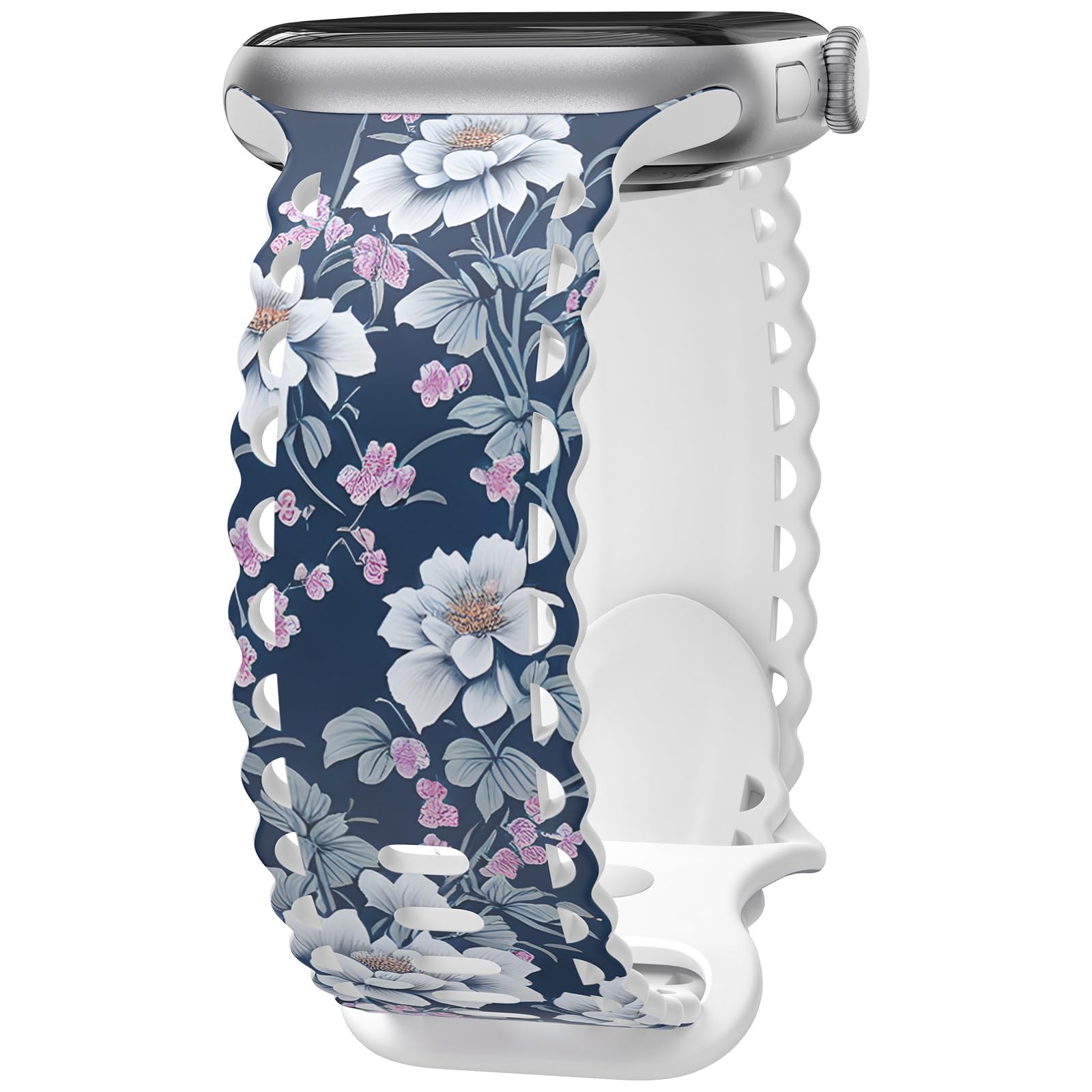 Flower Lace Band Compatible with Apple Watch Band 40mm 44mm 46mm 41mm 45mm 38mm 42mm 49mm Women, Soft Silicone Floral Print Sport Replacement Strap