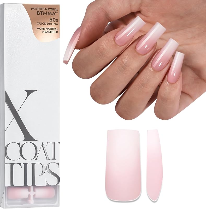 XCOATTIPS Ombre Press On Nails, Long Square, Pink White | Lamp-Curable 4-Week Wear, Salon Quality Value at Home, Natural Nail Look, Easy-to-Apply for Beginners, 150ct Nail Tips Only