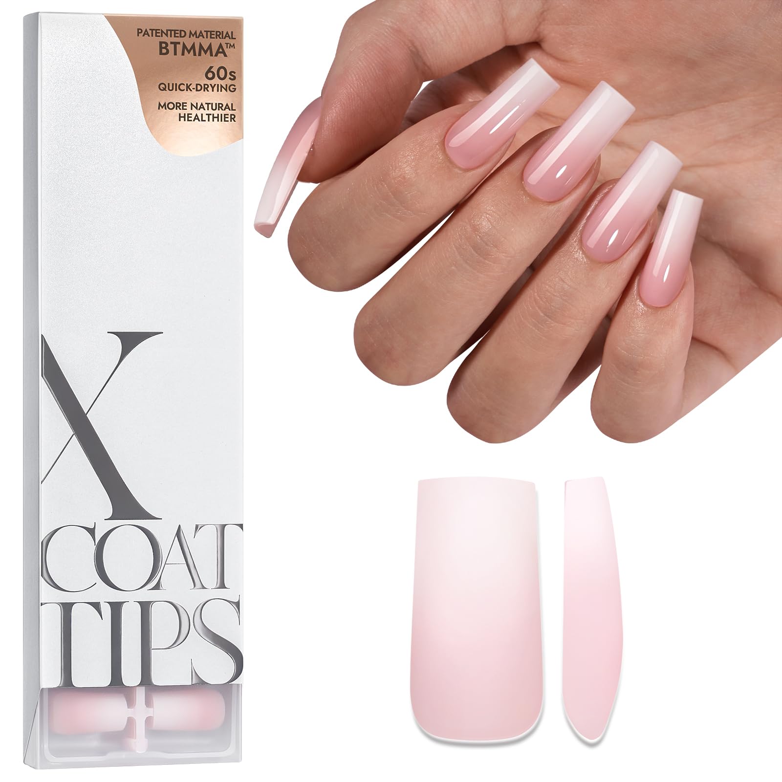 BTArtboxnails XCOATTIPS Ombre Nails - Square Press on Nails Long, 150Pcs Nail Tips Pink White Gradient Soft Gel False Nail Tips Soak Off Fake Nails Extensions DIY 15 Sizes