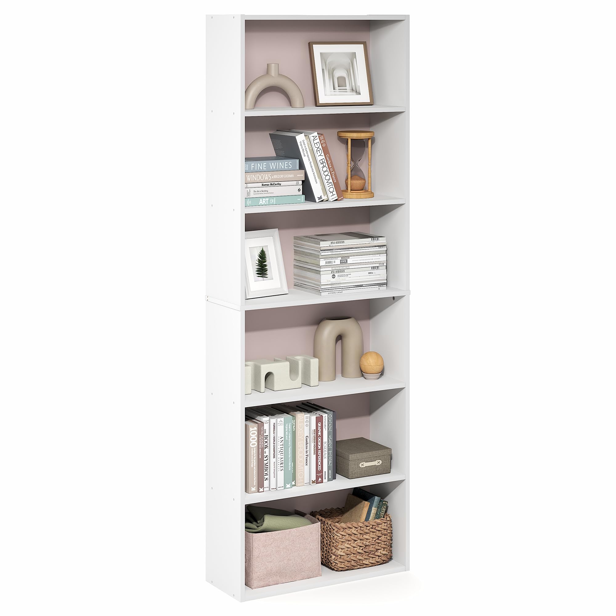 Furinno Jaya 6-Tier Book Shelf with Open Shelf, White/Pastel Pink