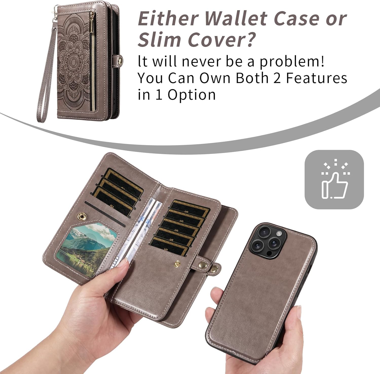 Asuwish Phone Case for iPhone 16 Pro Max 6.9 inch Zipper Wallet Detachable Cell Cover with Tempered Glass Screen Protector Strap Flower Card Holder i Phone16 16Pro i16 ProMax 16ProMax Women Girls Gray