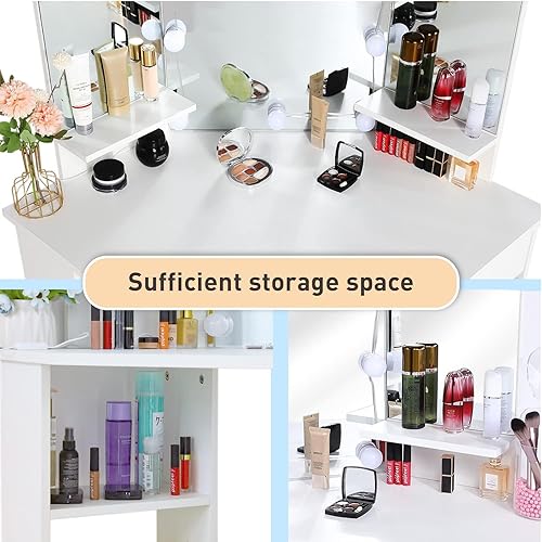 Miniatura 2 de Likein Escritorio esquinero de maquillaje con espejo y luces, mesa de tocador de dormitorio con espejo iluminado, 5 cajones y estante de