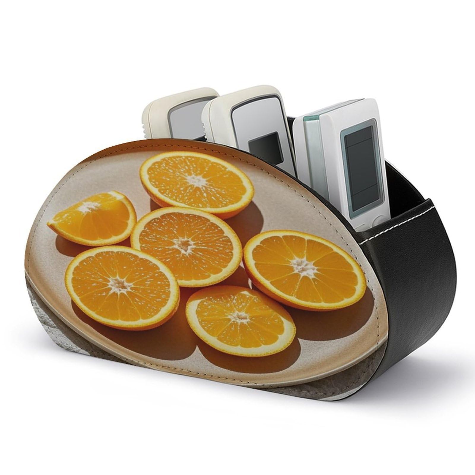 FekiLoot Orange Slices Remote Control Holder PU Leather Tabletop Organizer with 5 Compartments Storage Tray & Desktop Organizer for TV Remotes Glasses Pens
