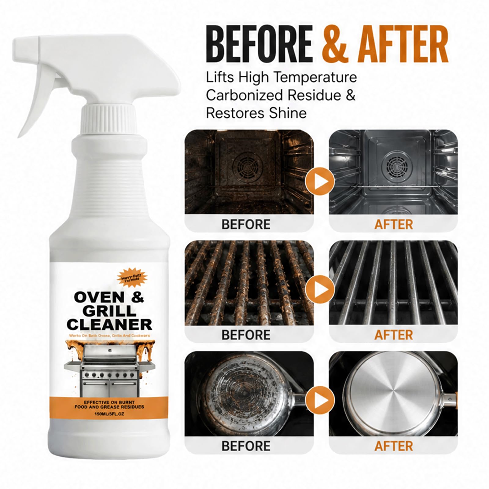 Potente Spray per la Pulizia del Forno e della Griglia senza Scrub - Potente Sgrassatore da Cucina, Ascensori Pesanti Olio Pesante Inossidabile, Residuo Carbonizzato Rapido (5 pezzi)