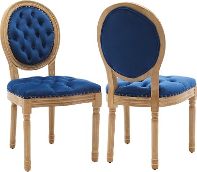 Vintage French Dining Chairs Set of 2, Round Back Velvet Upholstered Accent Chairs with Nailhead Trim and Solid Wood Frame, Elegant Sillas de Comedor for Dining Room & Kitchen, Blue