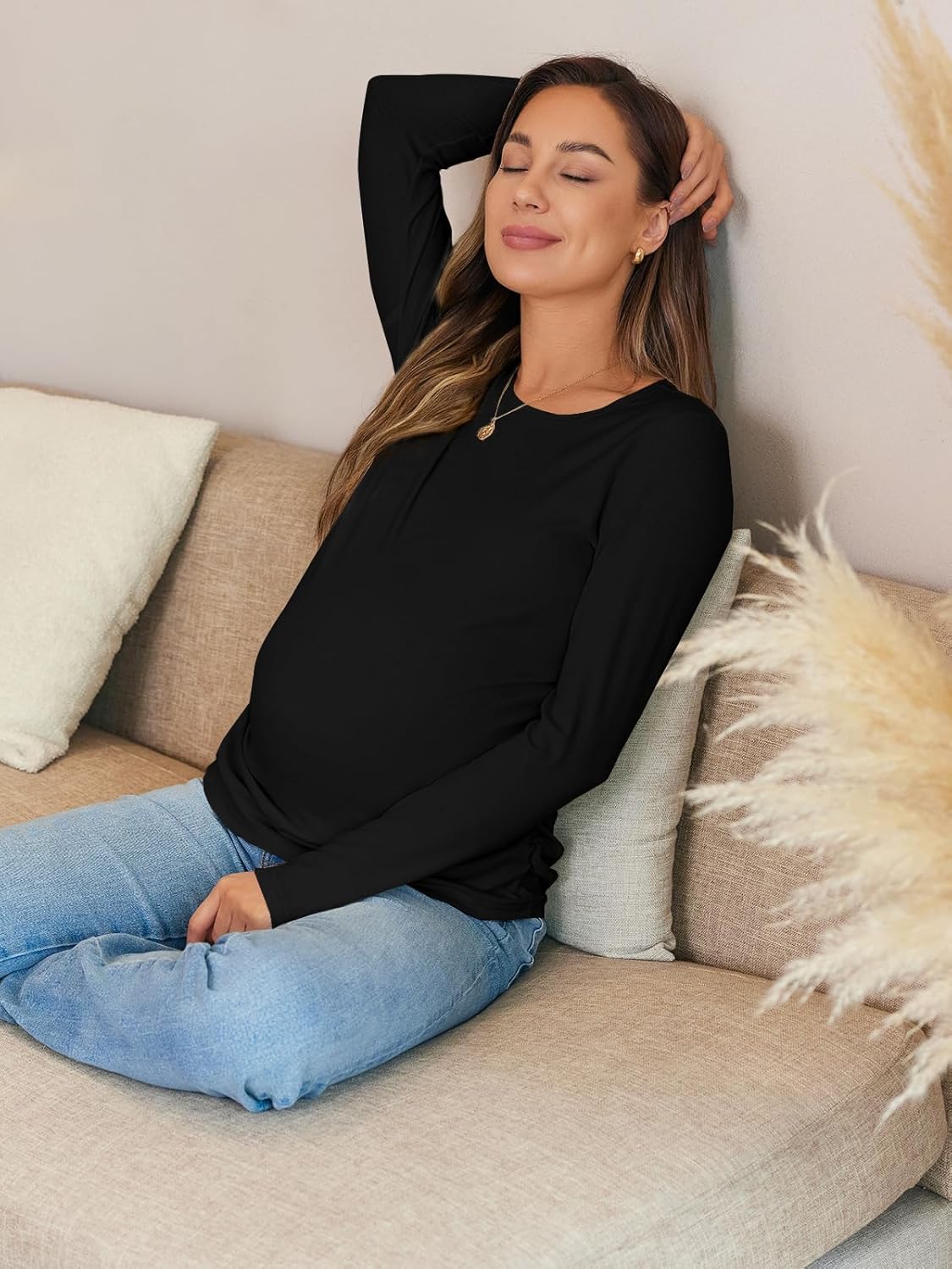 Women's Maternity Fall Tops Long Sleeve Crew Neck Ribbed Knit Slim Fitted Blouse Side Ruched Pregnancy Shirts - Image 5