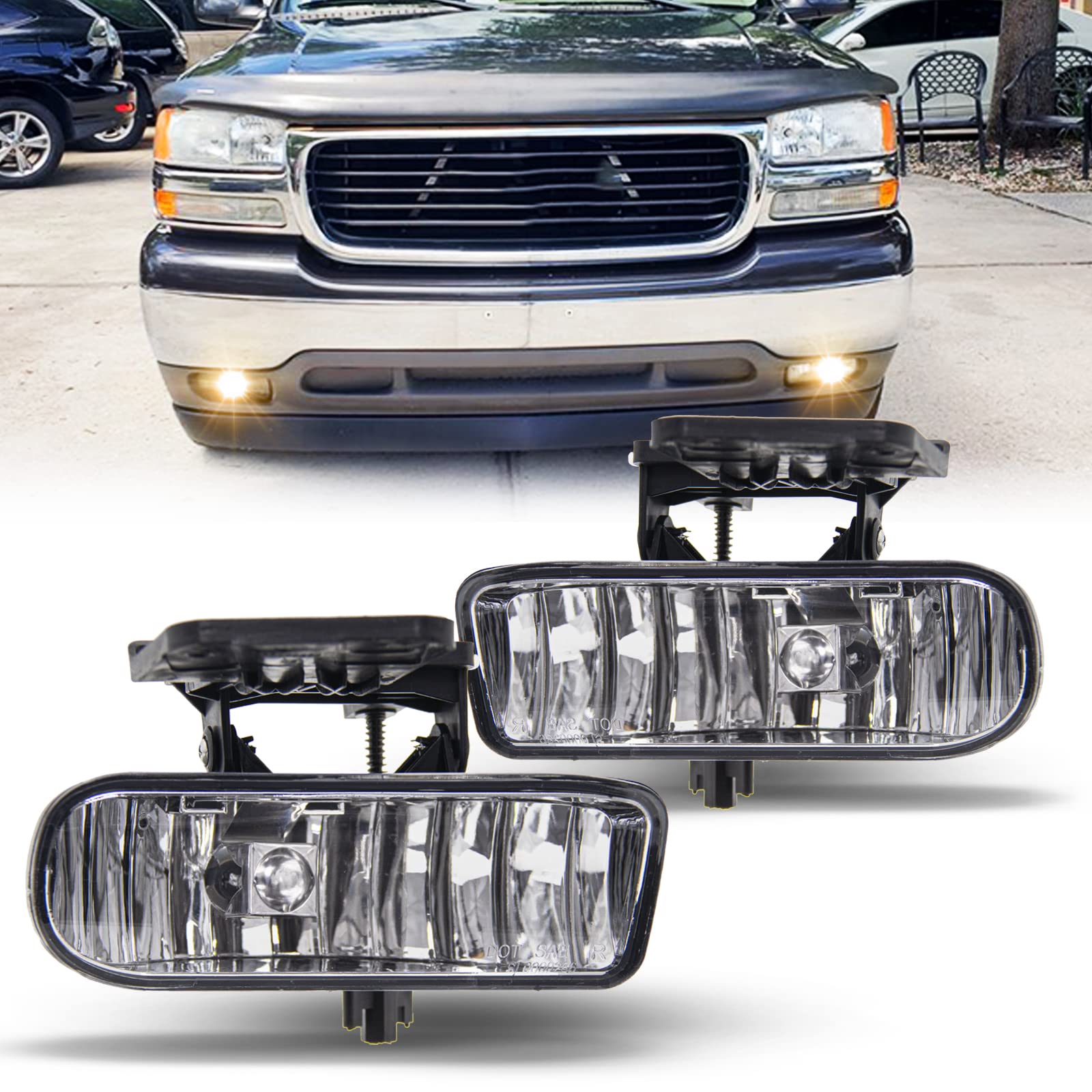 Photo 1 of Fog Lights Assembly Replacement for 2000-2006 GMC Yukon 1999-2002 GMC Sierra Fog Lamps with 880 12V 27W Halogen Bulbs(Clear Lens) OE # 10385054, 10385055, GM2592110, GM2593110